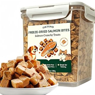 Freeze-Dried Salmon Bites for Dogs & Cats | Human-Grade Dry Crunchy Treats | Skin & Coat Good Boost | Premium Single-Ingredient Belly Cut, Grain-Free | Great for Training & Treat Time (12.35oz)