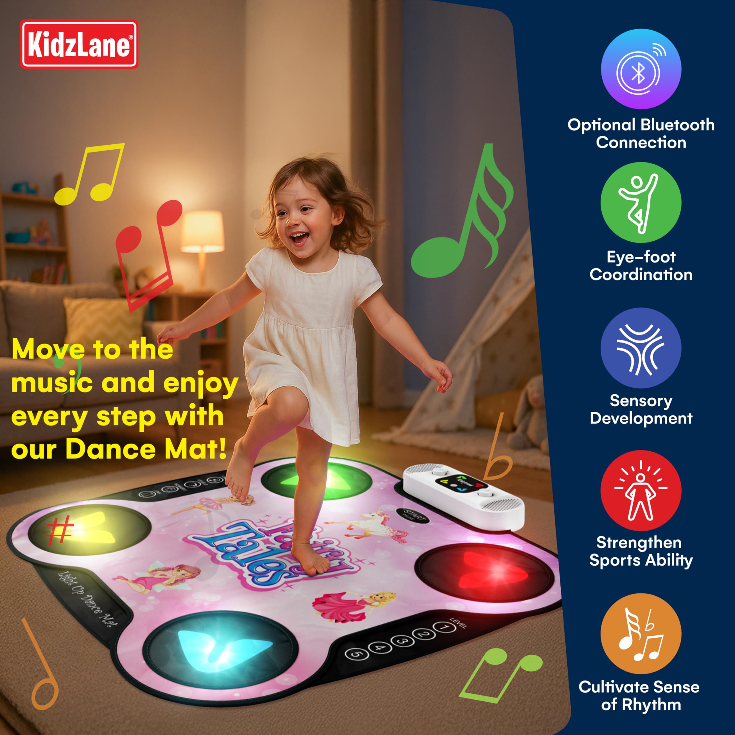 Kidzlane Light Up DJ Dance Mat for Kids - Bluetooth & AUX Compatible - 3 Fun Arcade Games with 5 Difficulty Levels - Detachable Top Mats with Fairytale & Speaker Motives - Adjustable Volume - Ages 6+