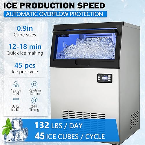 Miniatura 4 de ZBPRESS Máquina de hacer hielo comercial, máquina de hacer hielo independiente de 132 libras24 horas con capacidad de almacenamiento de hielo de 33