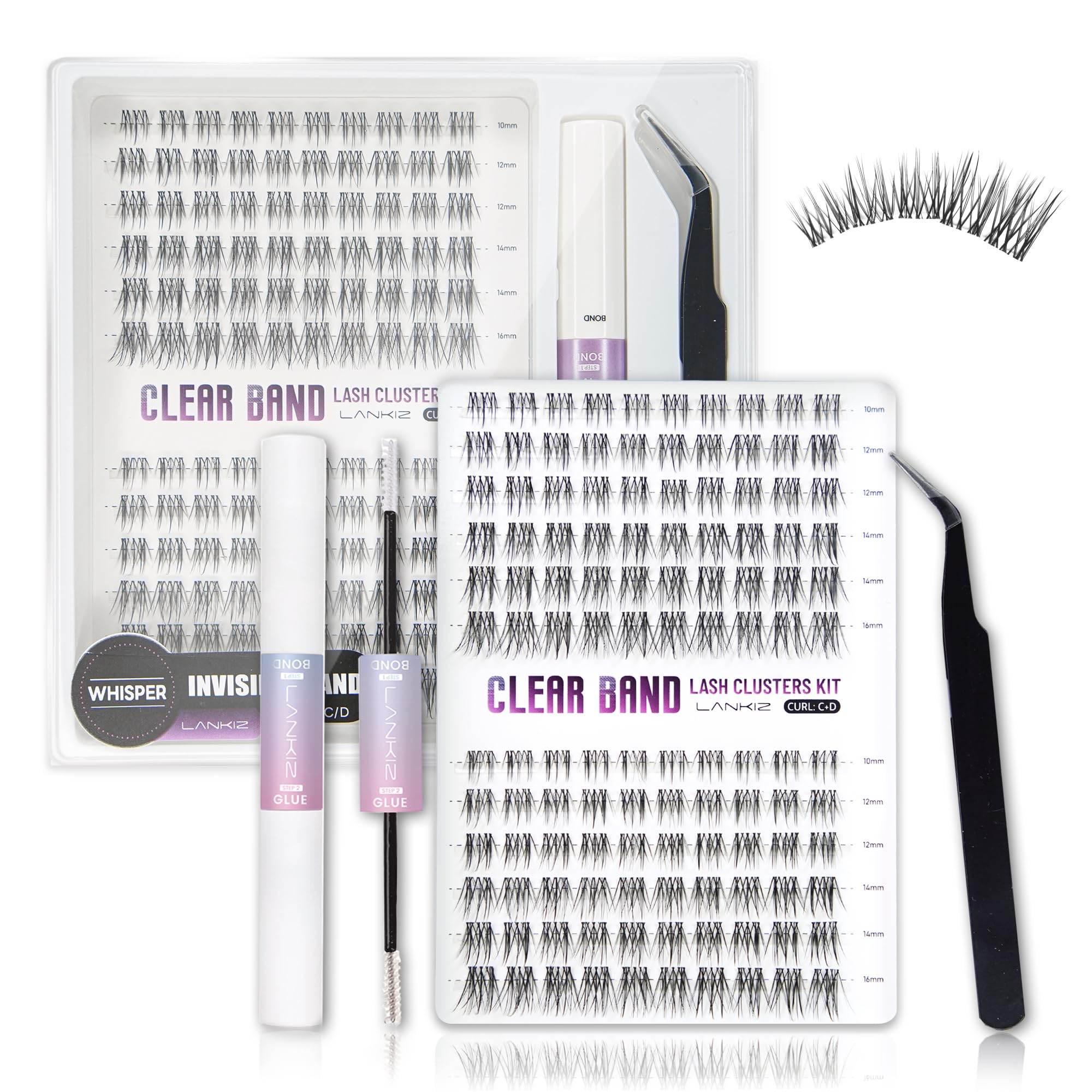 Lash Clusters Kit – LANKIZ Wispy & Fluffy Natural Eyelash Extensions, Invisible Band Individual Lashes Clusters, C+D Curl DIY Lash Extension Kit with Bond & Seal Glue for Beginners (Whisper)