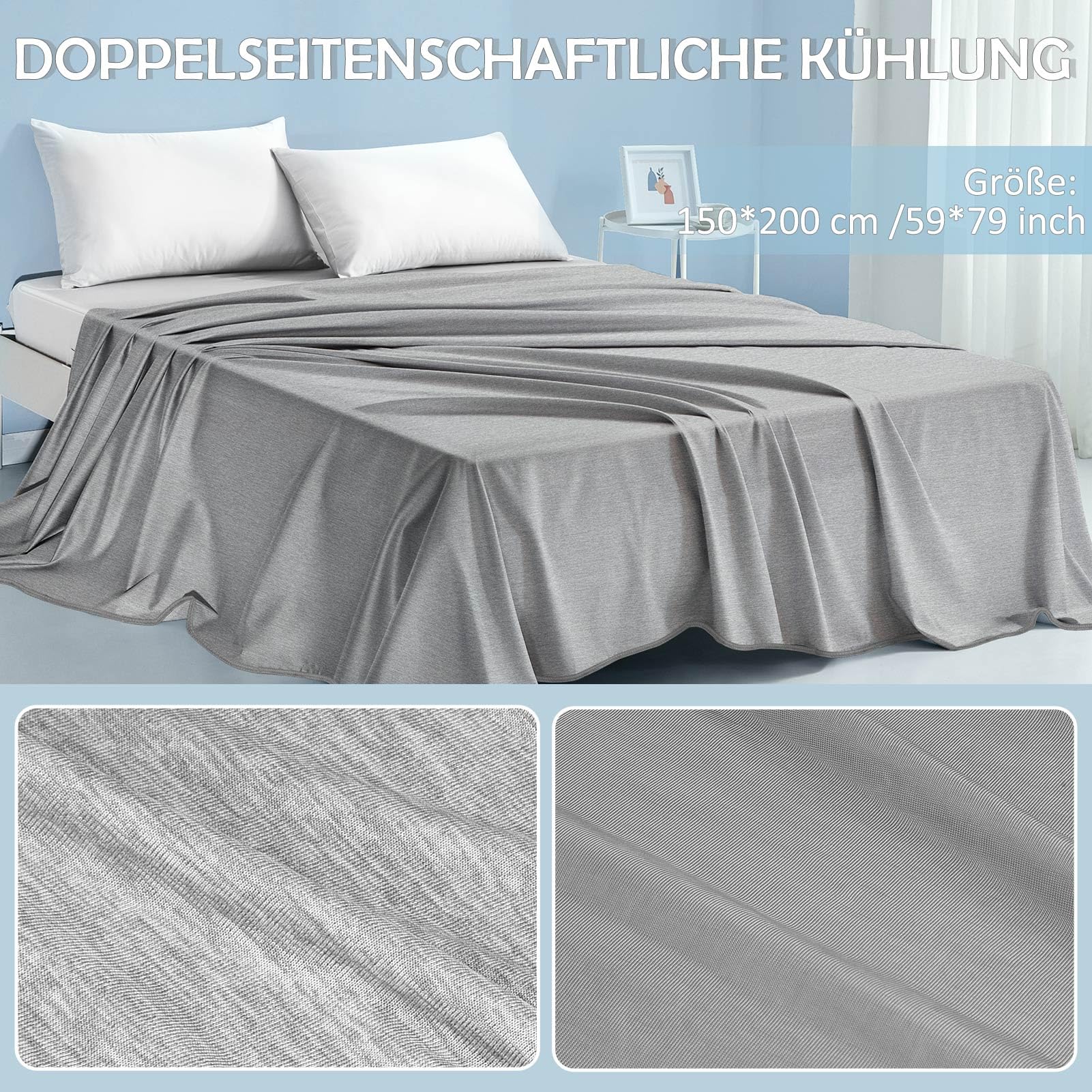Fuqiduo Kühldecke Sommerdecke für Erwachsene doppelseitig | Arc-Chill Q-Max >0,43 • Leicht • Atmungsaktiv • Waschbar • Grau (150 * 200cm)