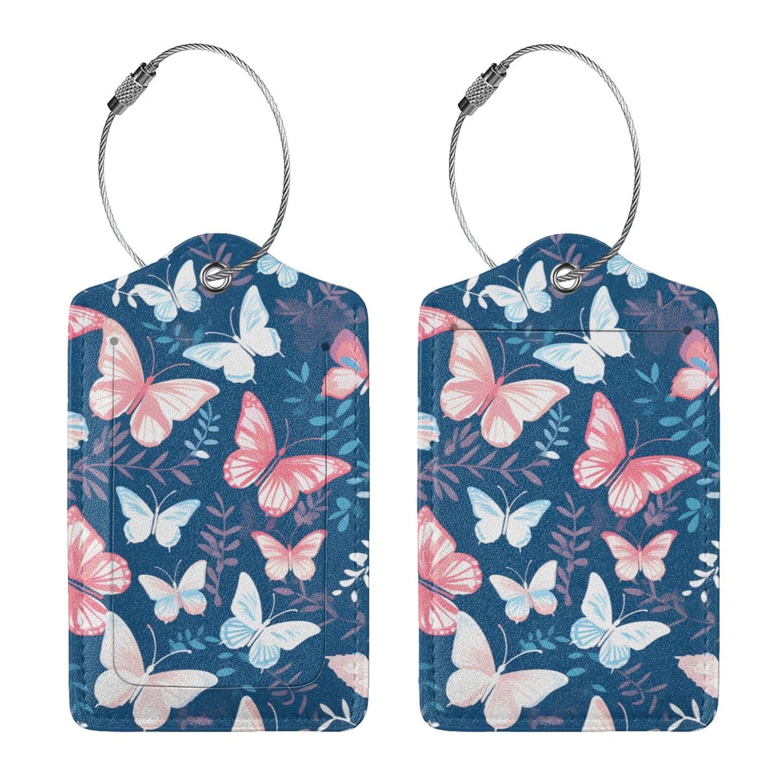4 etiquetas de equipaje de piel sintética para maleta, diseño de mariposa de ensueño, pintura de tinta rosa y azul, etiqueta de equipaje con lazo de acero inoxidable, cubierta de privacidad, etiqueta