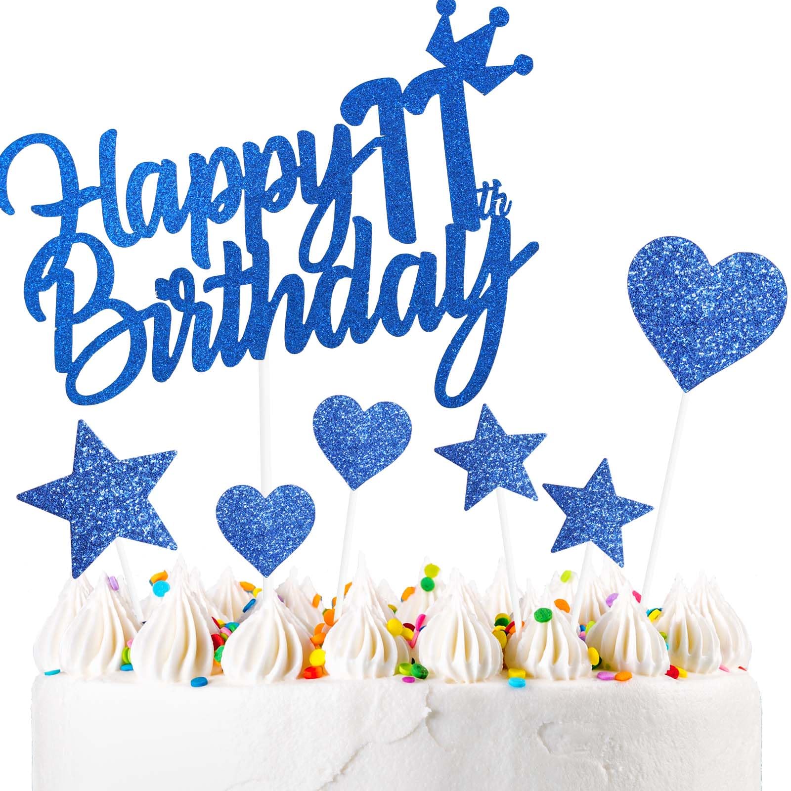 Topper Per Torta Happy 11th Birthday Argento | Decorazione Con Cuori, Stelle E Palloncini Glitter | Compleanno 11 Anni