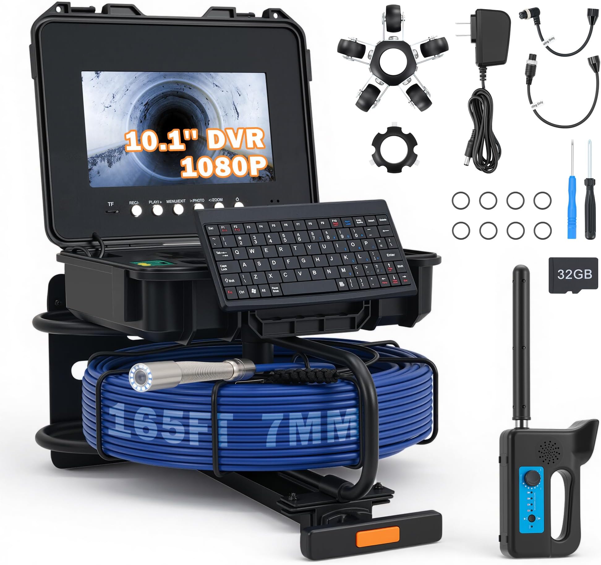 ZELCAN 10.1" Self-Leveling Sewer Camera with 512Hz Locator, Sewer Inspection Camera with 165 ft. Cable & Digital Length Counter, Rechargeable Drain Pipe Camera with Keyboard Wheels 12 LED Lights