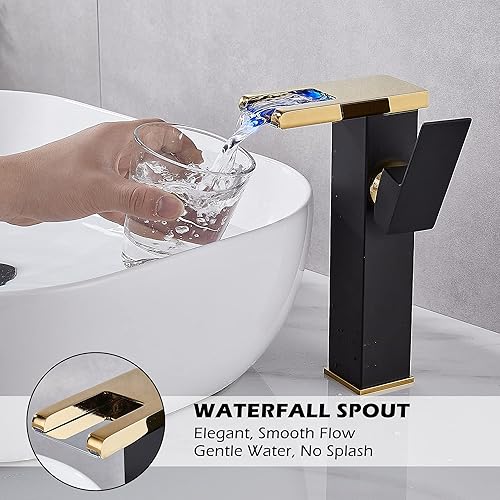 Miniatura 5 de Grifo de lavabo de cascada dorado negro con un solo orificio con drenaje desplegable sin desbordamiento y líneas de suministro, grifos de baño,