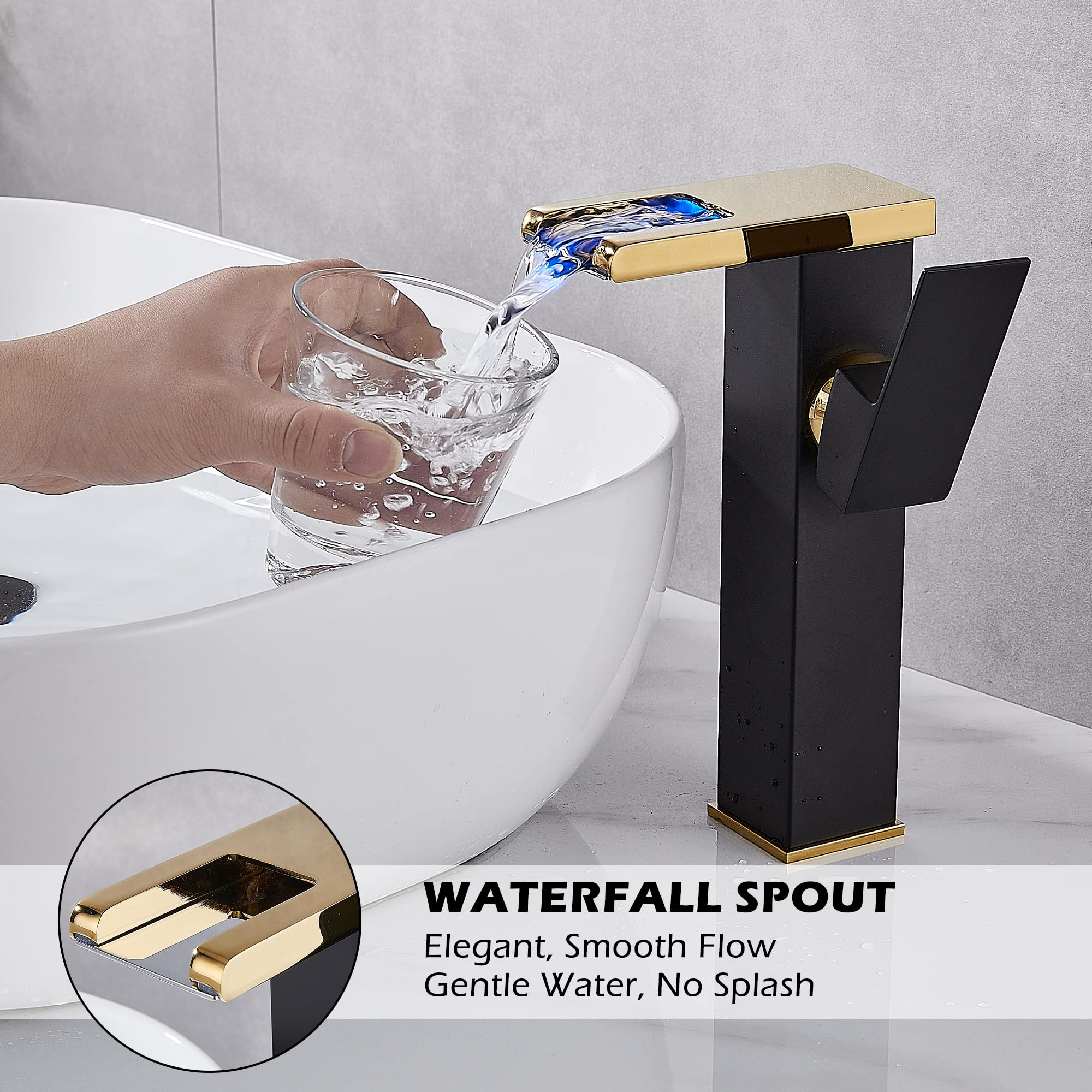 Rubinetto per lavabo a Cascata Oro Nero lavabo monoforo con Scarico a Scomparsa Senza troppopieno e Tubi di Alimentazione rubinetti per Bagno lavabo monocomando Rubinetto Vasca-