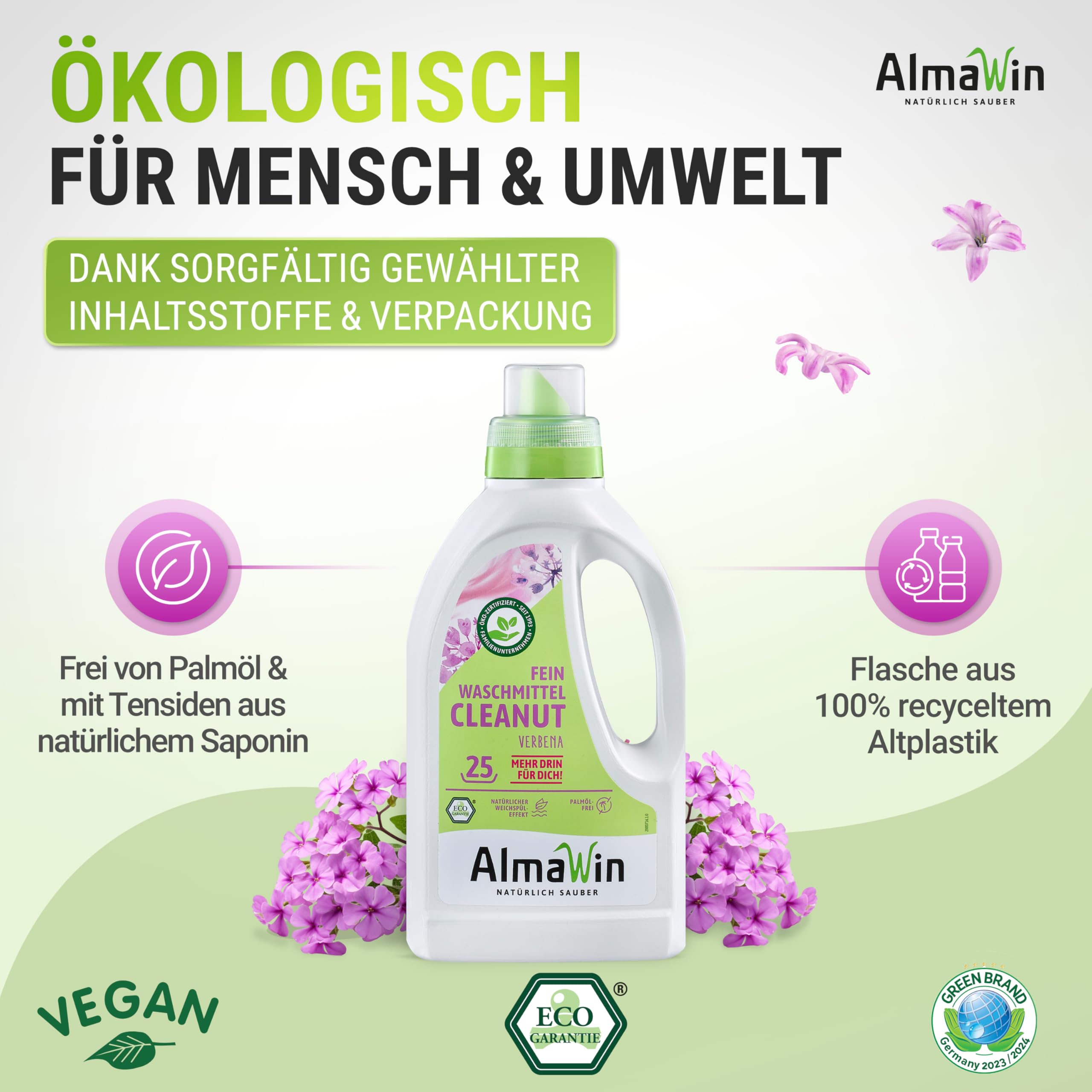 AlmaWin® Feinwaschmittel Cleanut [6x 750ml - 150 Ladungen] mit Waschnuss-Extrakt - Waschmittel mit Verbena-Duft für Feines & Buntes [20-60°C] - Flüssiges Waschmittel Natur - Öko, VEGAN & Palmölfrei