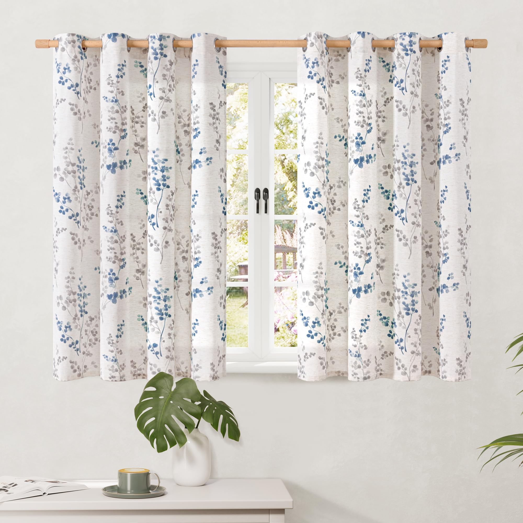 Photo 1 of [DIRTY AND SLIGHTLY DAMAGED] BGment Short Linen Curtains for Small Window 54 Inch Length 2 Panels, Boho Light Filtering Privacy Curtains for Farmhouse Bedroom Basement Bathroom, Cottage Leaf Design, Each 52 Inch Wide, Navy