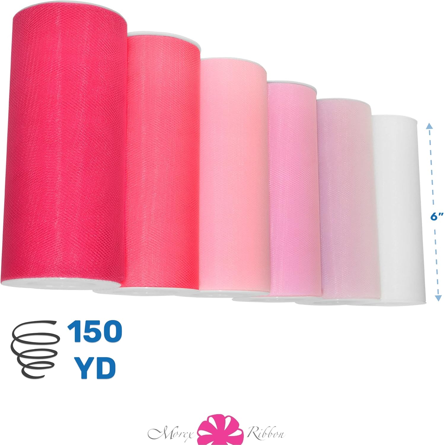 Morex Ribbon Ombre' 6" X 150 YD Nylon Tulle Ribbon for Rainbow Tutu Skirt, White and Pink Shades (6-Pack), Real Unicorns Gifts for Girls, Baby Boy Gifts for Baby Shower image 2