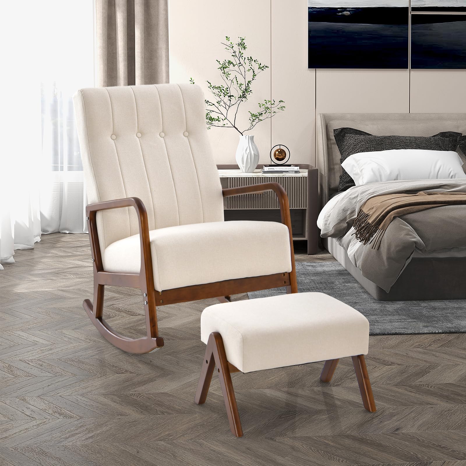GIANTEX Sedia a Dondolo con Poggiapiedi, Poltrona Camera da Letto, Poltrona a Dondolo da Interno, Set Sedia a Dondolo e Poggiapiedi per Cameretta, Salotto 2 Colori