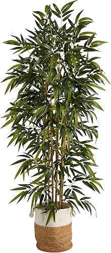 Nearly Natural Árbol artificial de bambú de 75 pulgadas en maceta hecha a mano de yute natural y algodón, color verde