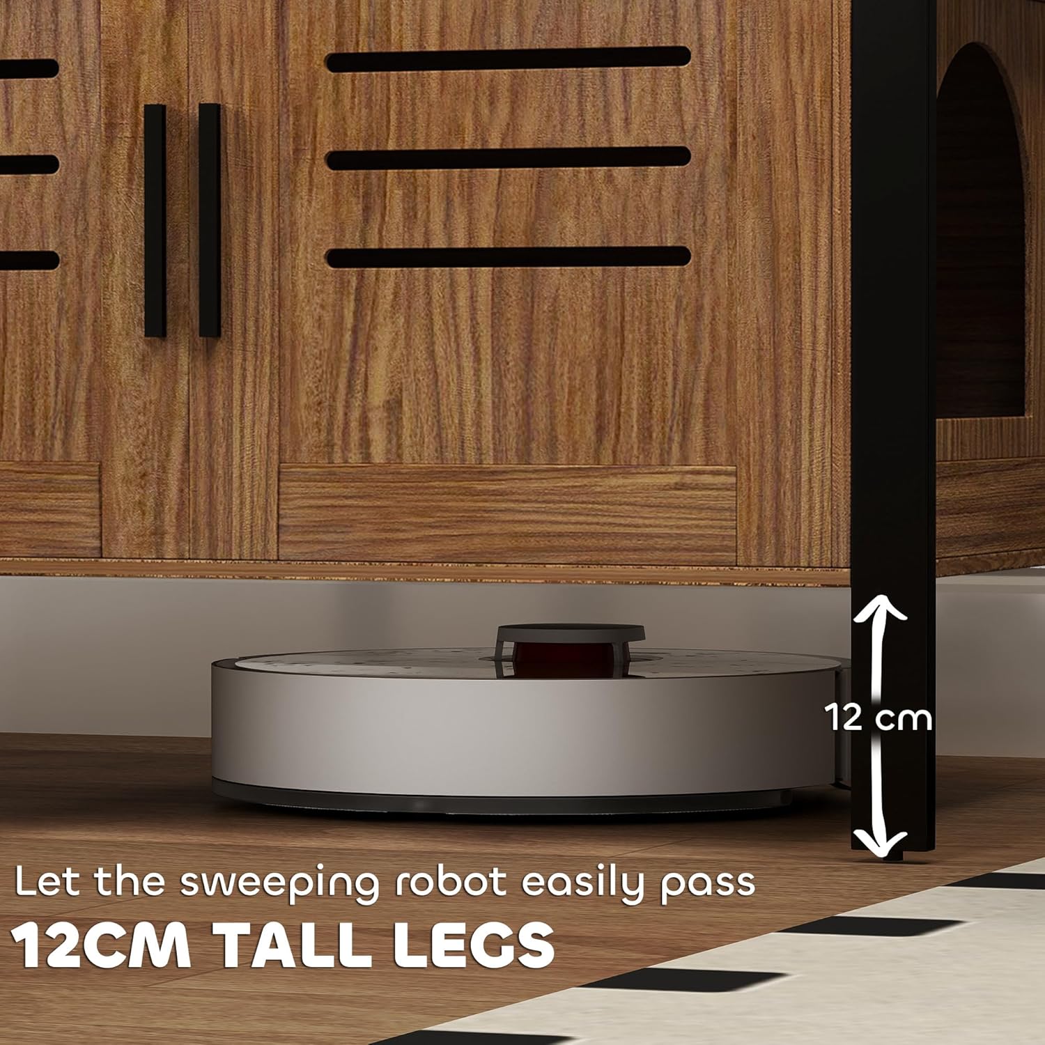 Close-up of the 12cm tall legs of the PawHut cat litter box enclosure with a robot vacuum cleaner underneath.