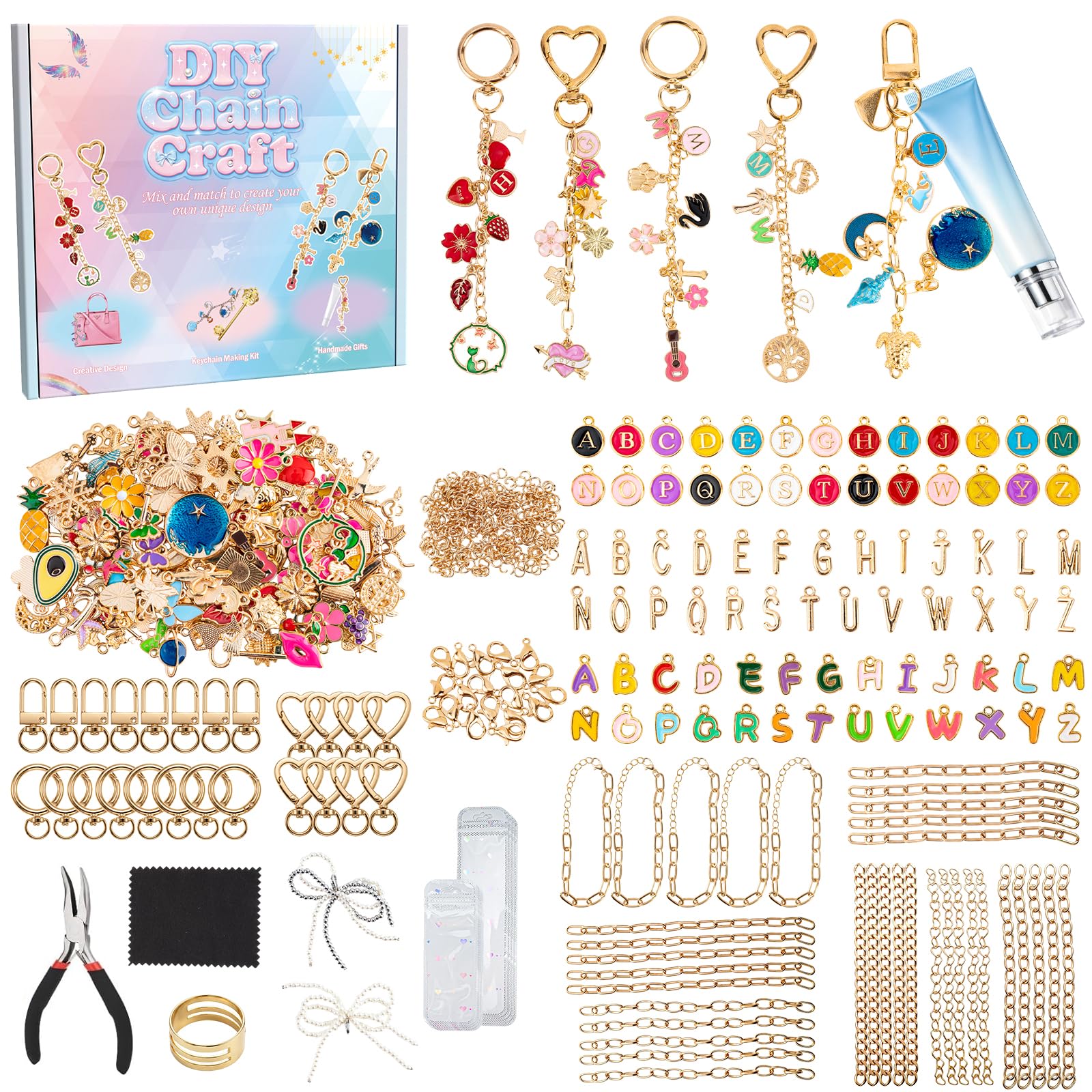 Kit di 569 ciondoli per la creazione di portachiavi, kit per la creazione di bracciali, kit fai da te con ganci portachiavi, anelli aperti, chiusure a moschettone, ciondoli, catene e strumenti, pinze
