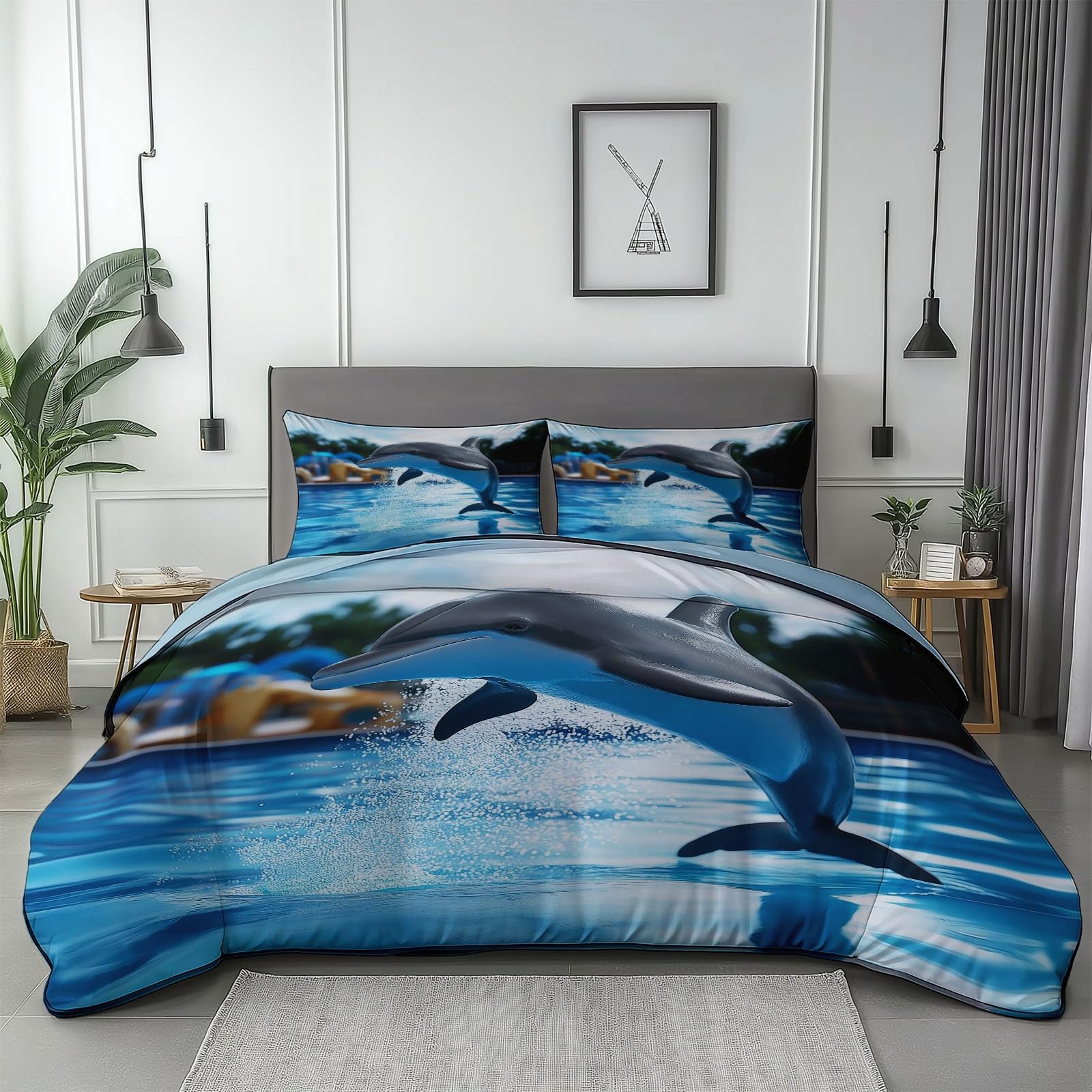 Duvet Cover Reversible Super King Size, Animal Dolphin Pattern Microfiber Duvet Cover set with 2 Pillowcases 50x75cm, Light Blue Printed bedding set with Zipper