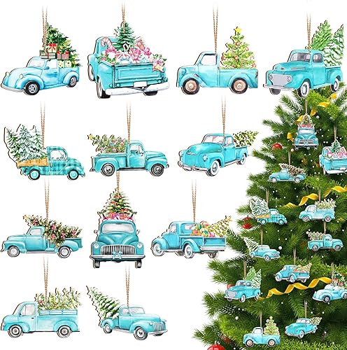 Miniatura 1 de 36 adornos de madera para árbol de Navidad, adornos de camión de Navidad, decoración colgante de madera de camión azul, manualidades colgantes de