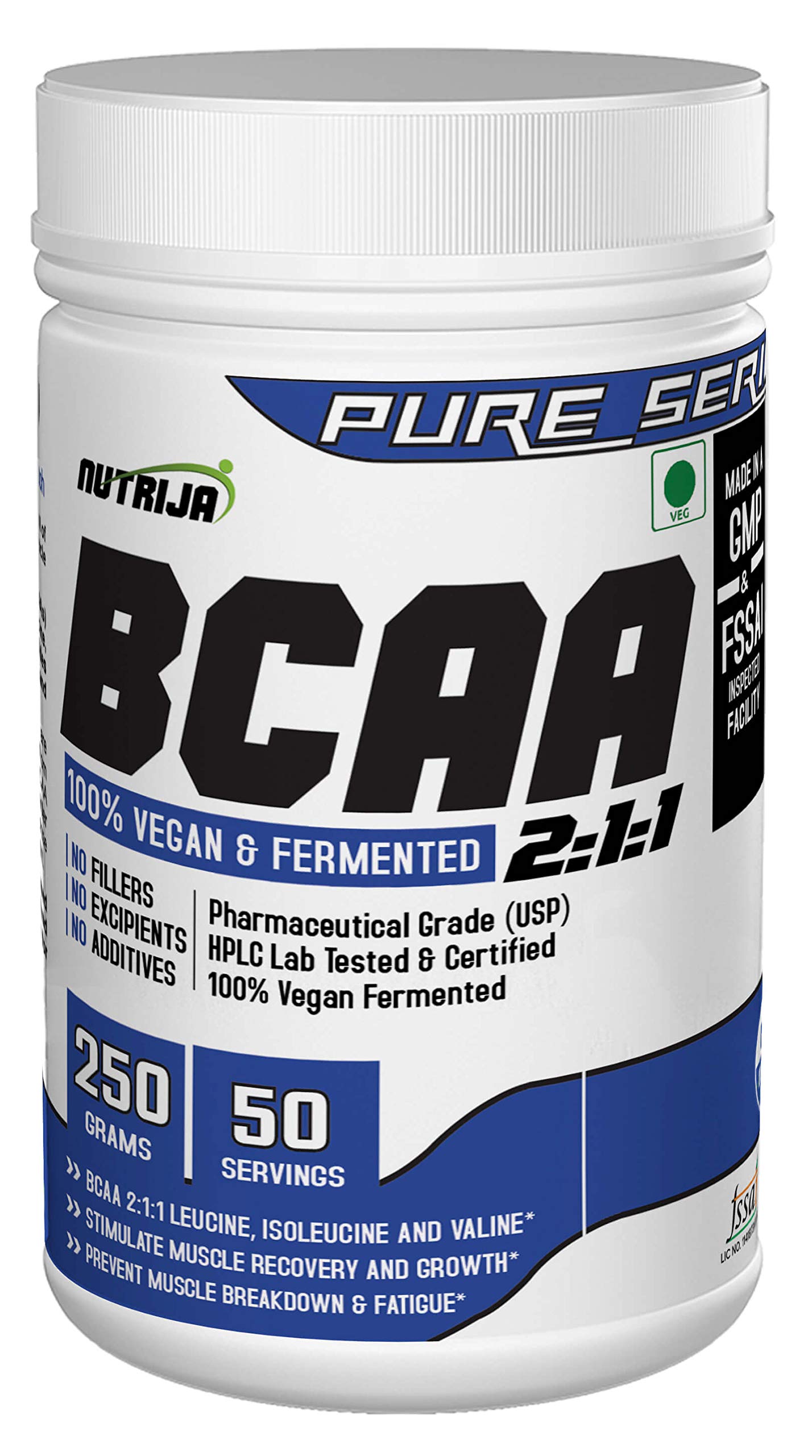 NutriJa BCAA Fermentated & Vegan - Zero Carb, No Fillers - 250Grams | Muscle Recovery, growth & Endurance (Unflavoured)