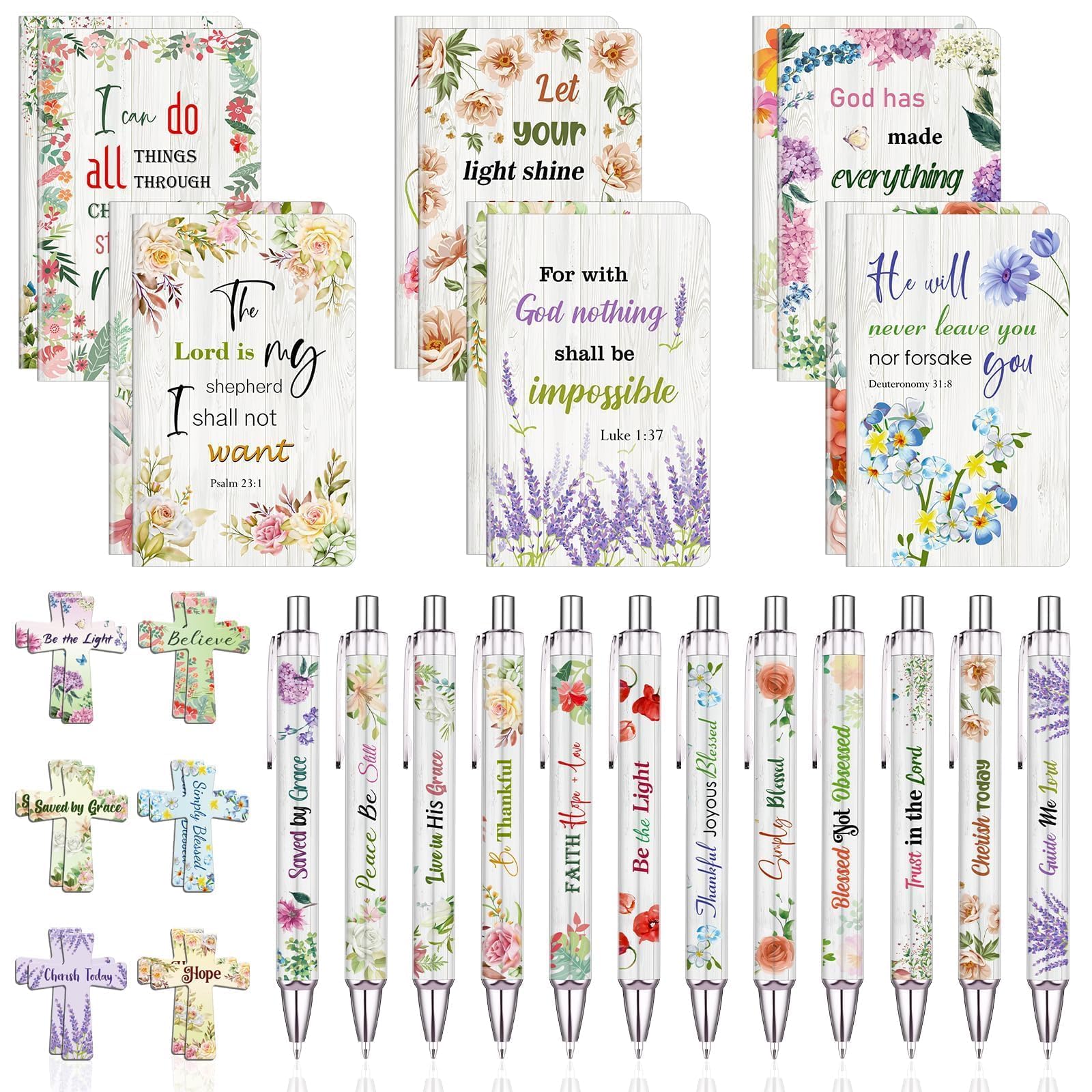 36 Pcs Christian Mothers Day Gifts Bulk Include 12 Mini Bible Verse Notepads, 12 Scripture Ballpoint Pens & 12 Magnetic Cross Bookmarks, Cute