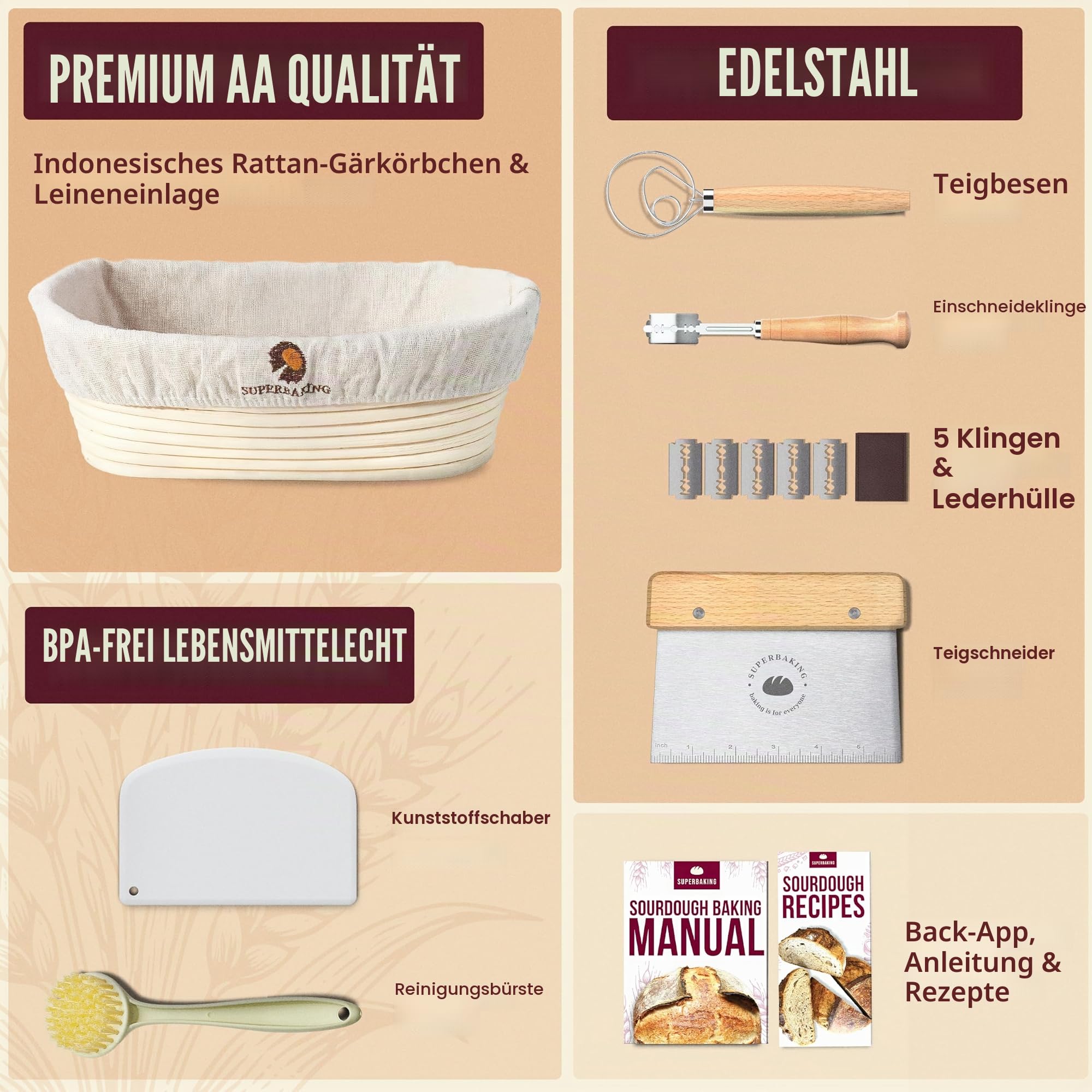 Superbaking Banneton Brotgärkorb-Set, oval, 25,4 cm, Sauerteig-Gärkorb für Brot, Backzubehör, handwerkliches Brot-Set, Geschenke für Bäcker