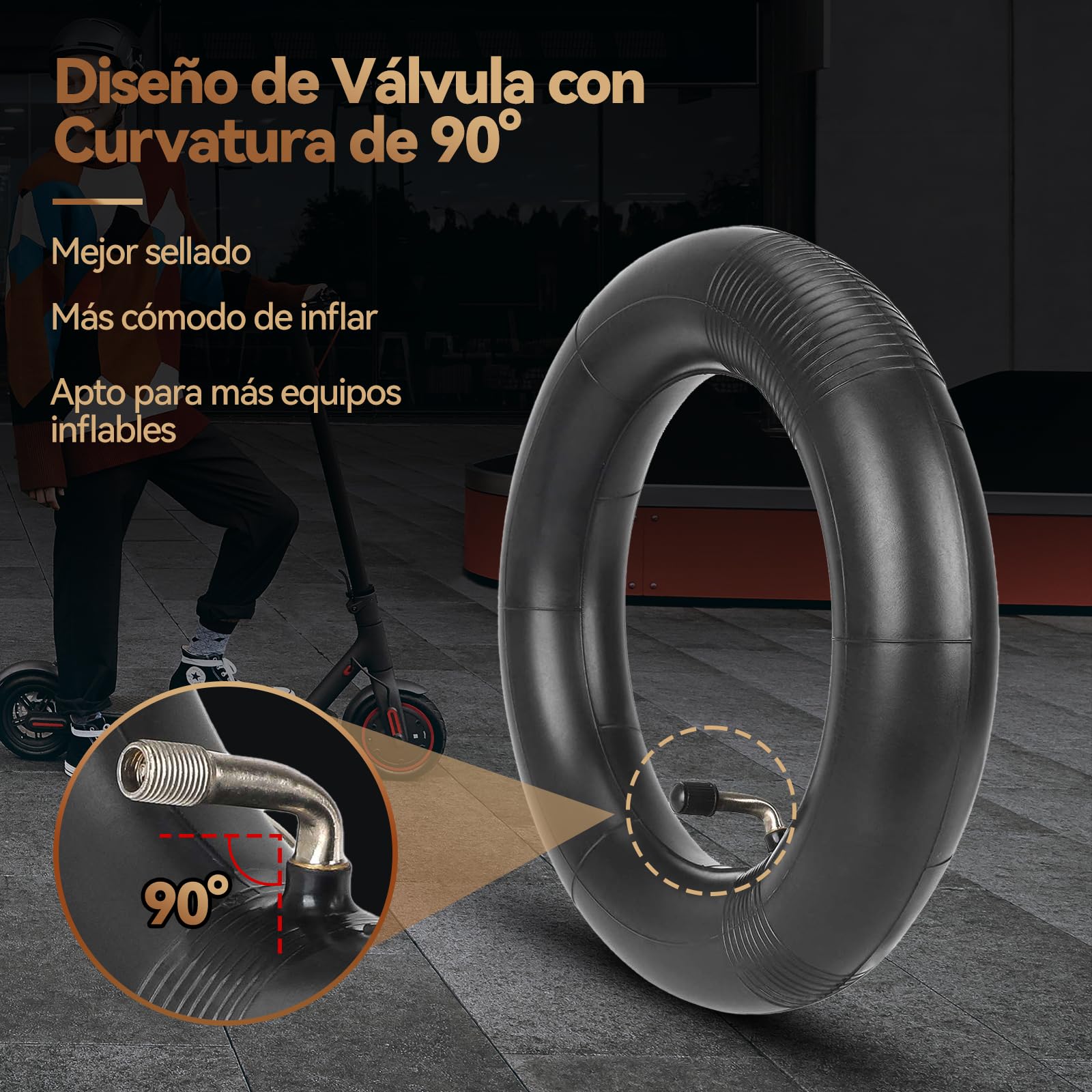 Cámara 10x2.125 Patinete Eléctrico, Válvula 90°, Doble Grosor 2 MM, para 10 Pulgadas Cámara de Aire 10x2.0 (54-152) –10x1.75/2/2.125 para Bicicleta Sin Pedales/Cochecito