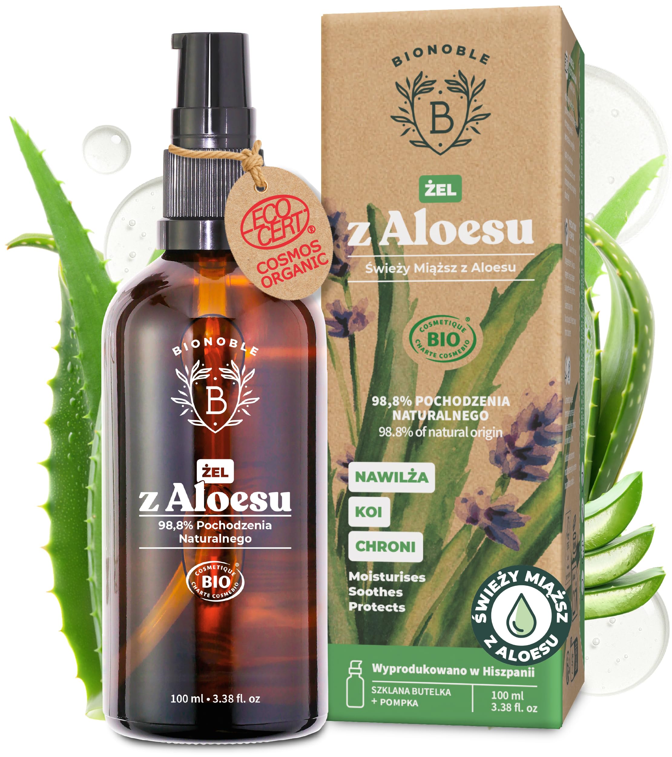 BIONOBLE Ekologiczny Żel z Aloesu 97% z Ekologicznym Olejkiem Lawendowym - Żel Aloe Vera z Świeżego Miąższu do Włosów, Twarzy, Ciała i po Opalaniu - Nawilża, Łagodzi - Szklana Butelka, Pompką - 100ml