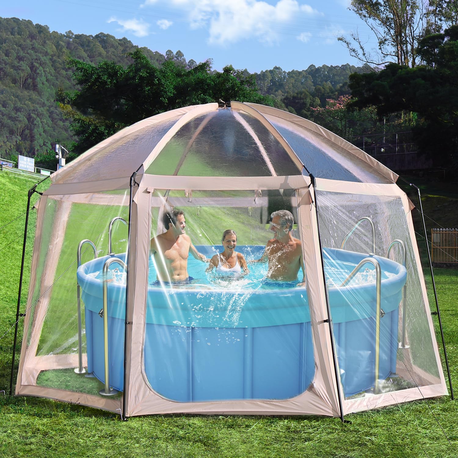 Pool Überdachung, für Ø305–366cm Aufstellpools und Whirlpools, Pooldach Transparentes Panorama,2 IN 1 Whirlpool Überdachung und Bubble Zelt,Poolabdeckung Kältebeständiges PVC, Rund Pool Pavillon(Ø400) Garten