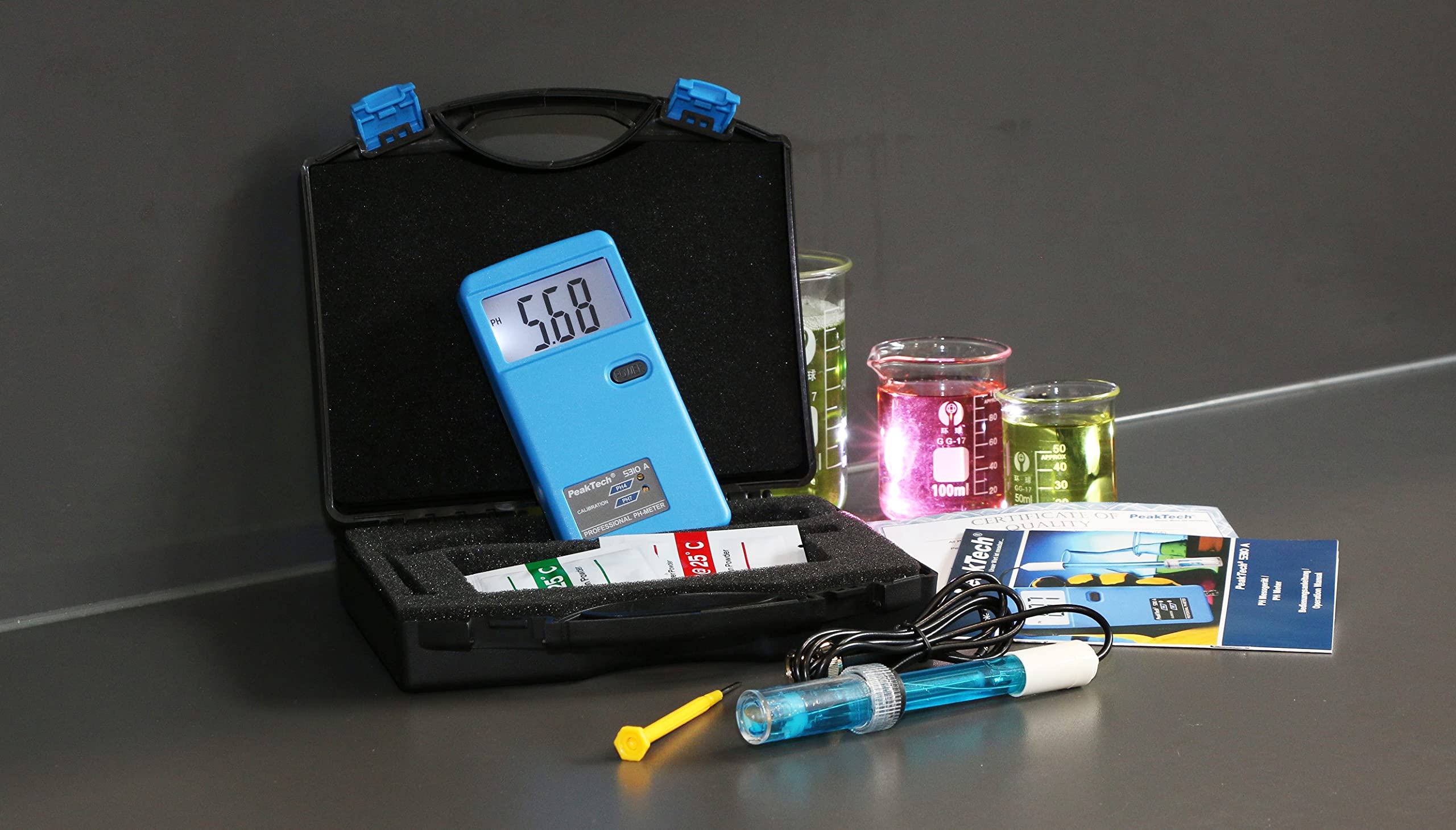 PeakTech Misuratore di pH 5310 A con sonda di elettrodi BNC sostituibile, adatto per piscina, acquario e laboratorio, P 5310 A, blu