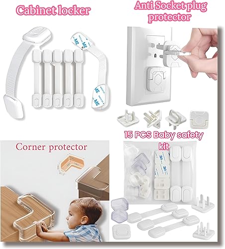 Miniatura 2 de Kit de seguridad infantil todo en uno de 15 piezas con 5 cerraduras de gabinete, 5 protectores de esquina, 5 cubiertas de salida fácil de instalar,