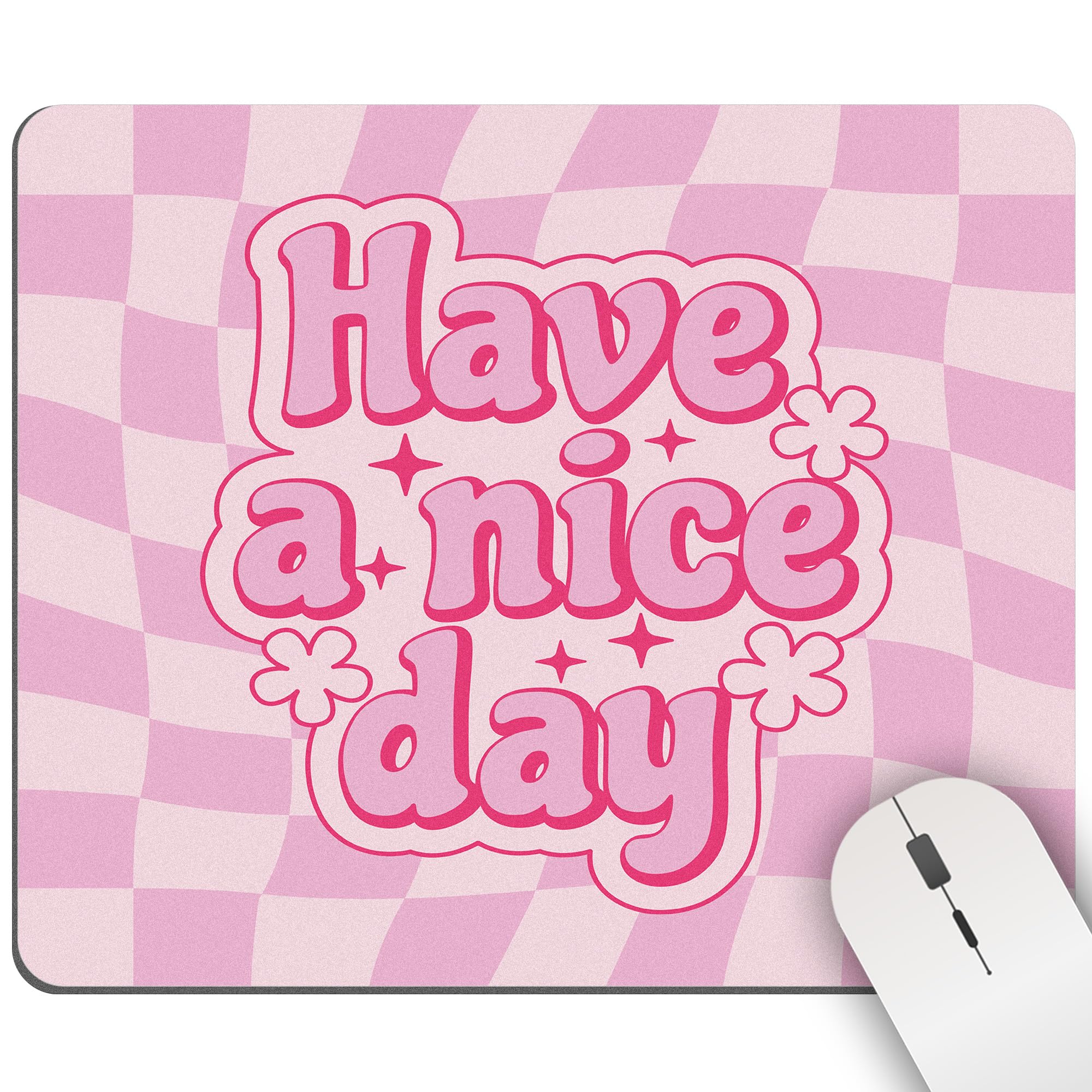 Flysea Light Pink Checkered Mouse Pad Cute Aesthetic Girly Retro Mousepad Groovy Square Computer Washable Positive Quote Inspirational Desk
