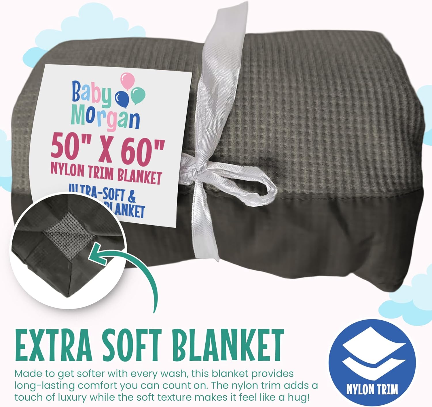Adult Thermal Waffle Throw Blanket - Soft Lightweight Waffle Knit Design - Breathable Layer for Couch, Bed & Travel - Throw Blanket for Home & Living Room - 50" x 60" (Nylon Trim, Gray)