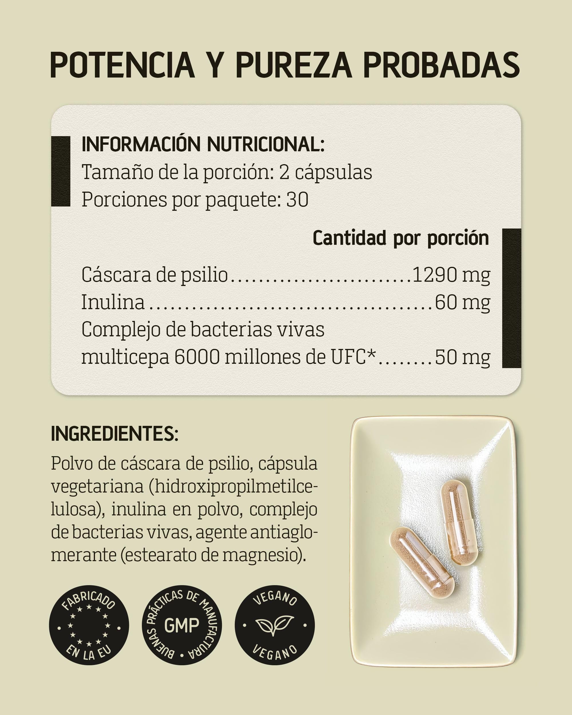 Cáscara de Psyllium con Probióticos 99% Pureza 60 Cápsulas 1400 mg Psyllium Husk 60 Mil Millones Probióticos Digestión Fibra Plantago Ovata Alta Concentración