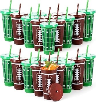 24Pcs 24 oz Football Party Cups with Lids and Straws Reusable Plastic Tumbler Travel Mug Cups for Kids Coach Men Women Football Favors Tailgate Party Sports Game Time Supplies Decorations