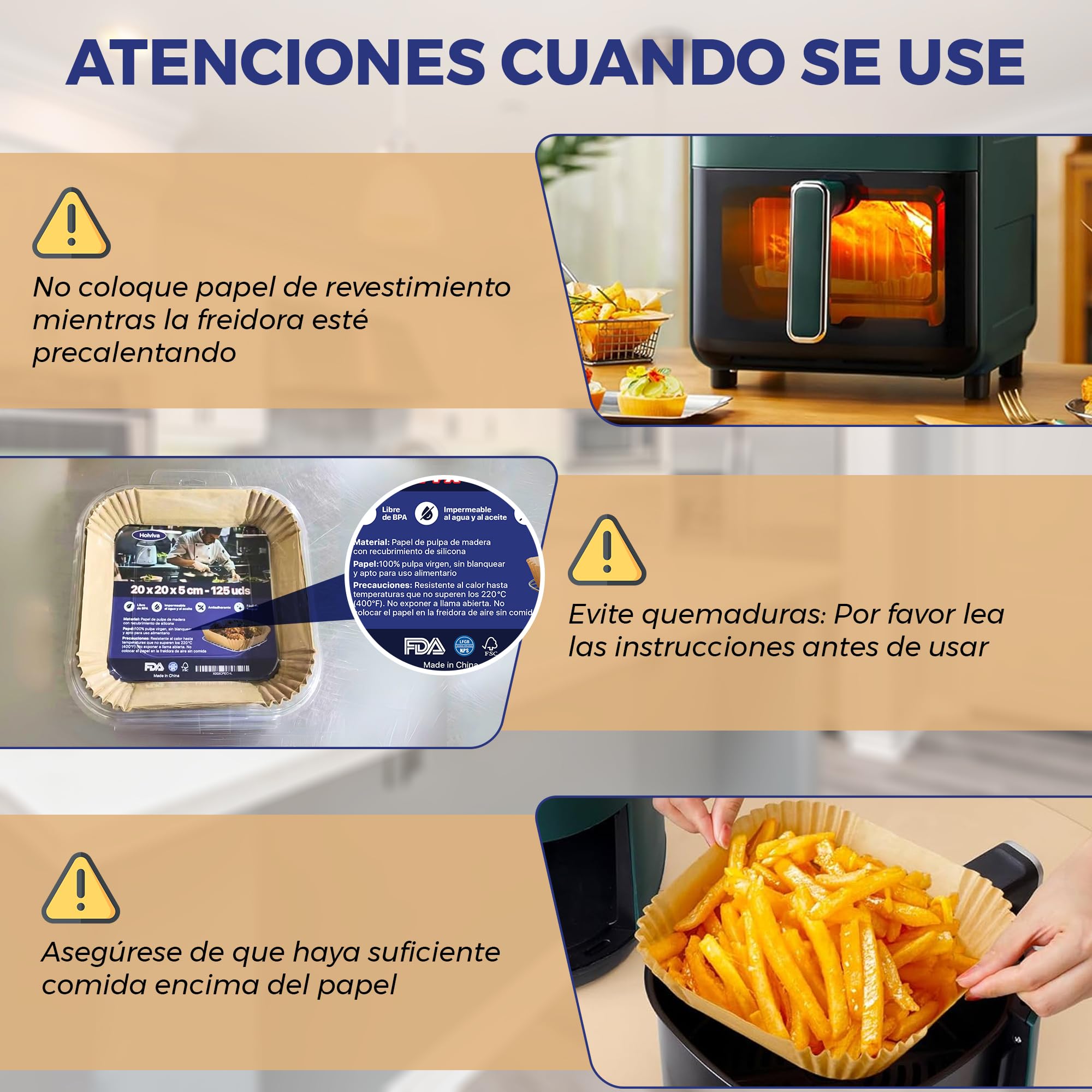 Papel para Air Fryer Desechable Antiadherente Premium 125 Unidades, Papel para Freidora de Aire 20x24 cm, Resistente al Calor, Sin BPA, Compatible con Cosori, Cecotec, Ninja y Philips – Holviva — view 2