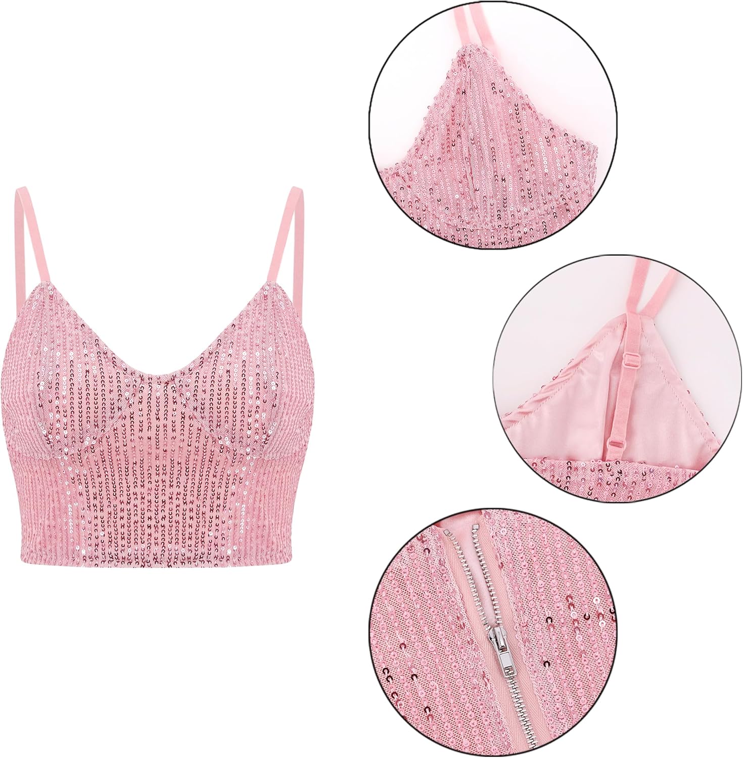 Naimo Women's Sparkle Sequin Crop Top Sleeveless V Neck Spaghetti Strap Tank Tops Vest Party Rave Shimmer Camisole - Image 4