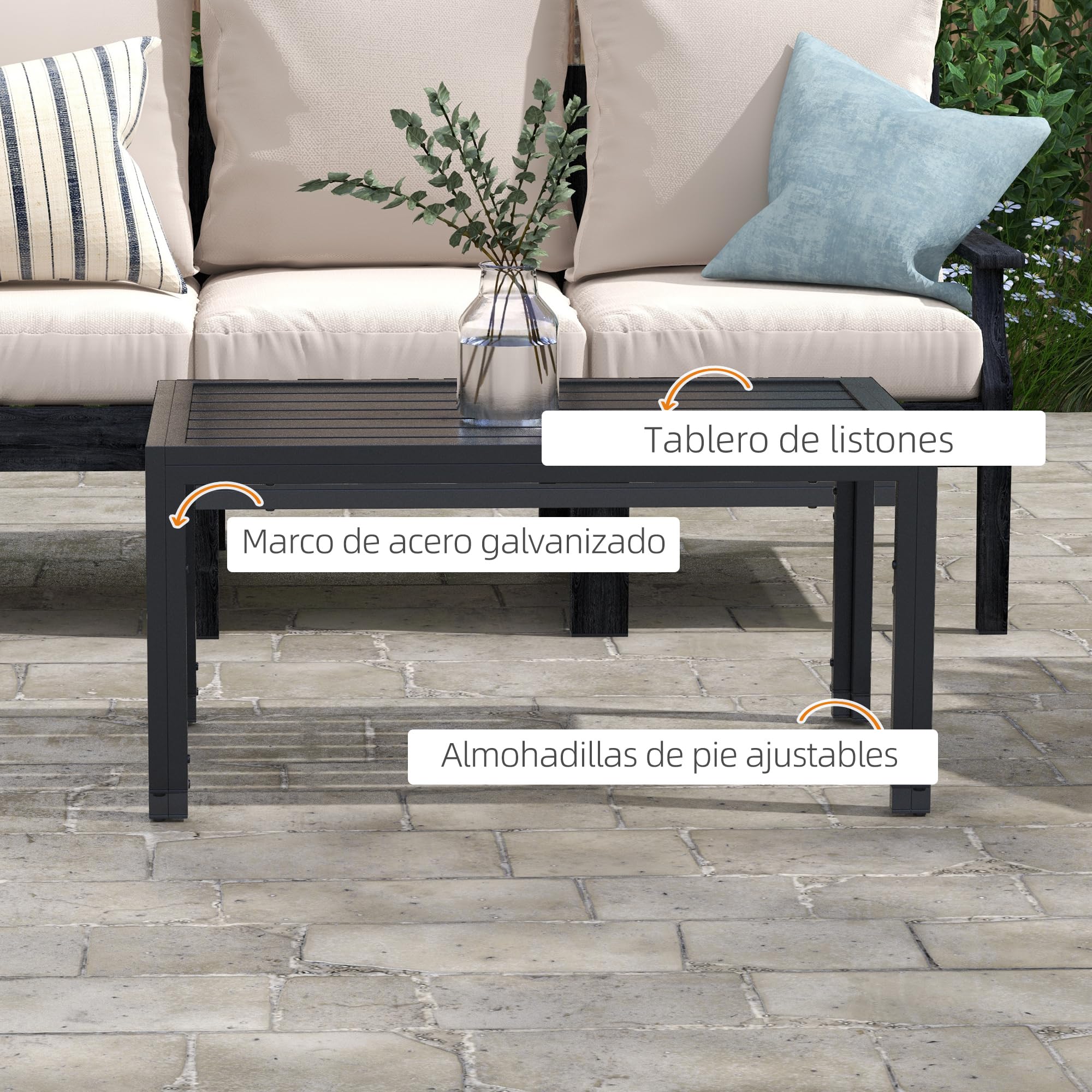 Outsunny Mesa de Centro de Jardín Rectangular, Mesa Auxiliar con Estructura de Acero Galvanizado y Superficie de Tablillas, Mesita de Café para Patio, Balcón, Terraza o Porche, Negro
