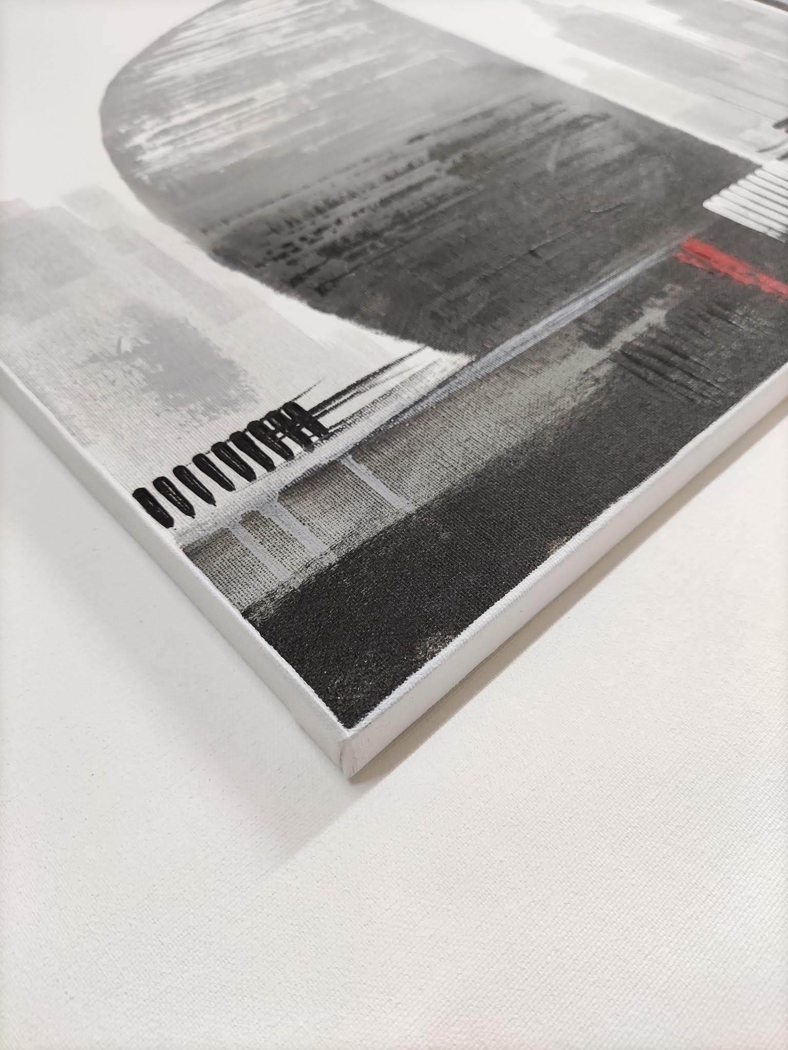 Cuadroexpres - Cuadro Pintado Moderno Ciudad de Barcelona 120x35 cm, Blanco y Negro con Detalles en Rojo. 100% Original, sobre Lienzo. Decoración para Sala de Estar