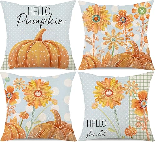 Miniatura 1 de Juego de 4 fundas de almohada decorativas de otoño de 18 x 18 pulgadas, diseño de girasol, margarita, calabaza, decorativas, otoño, Acción de