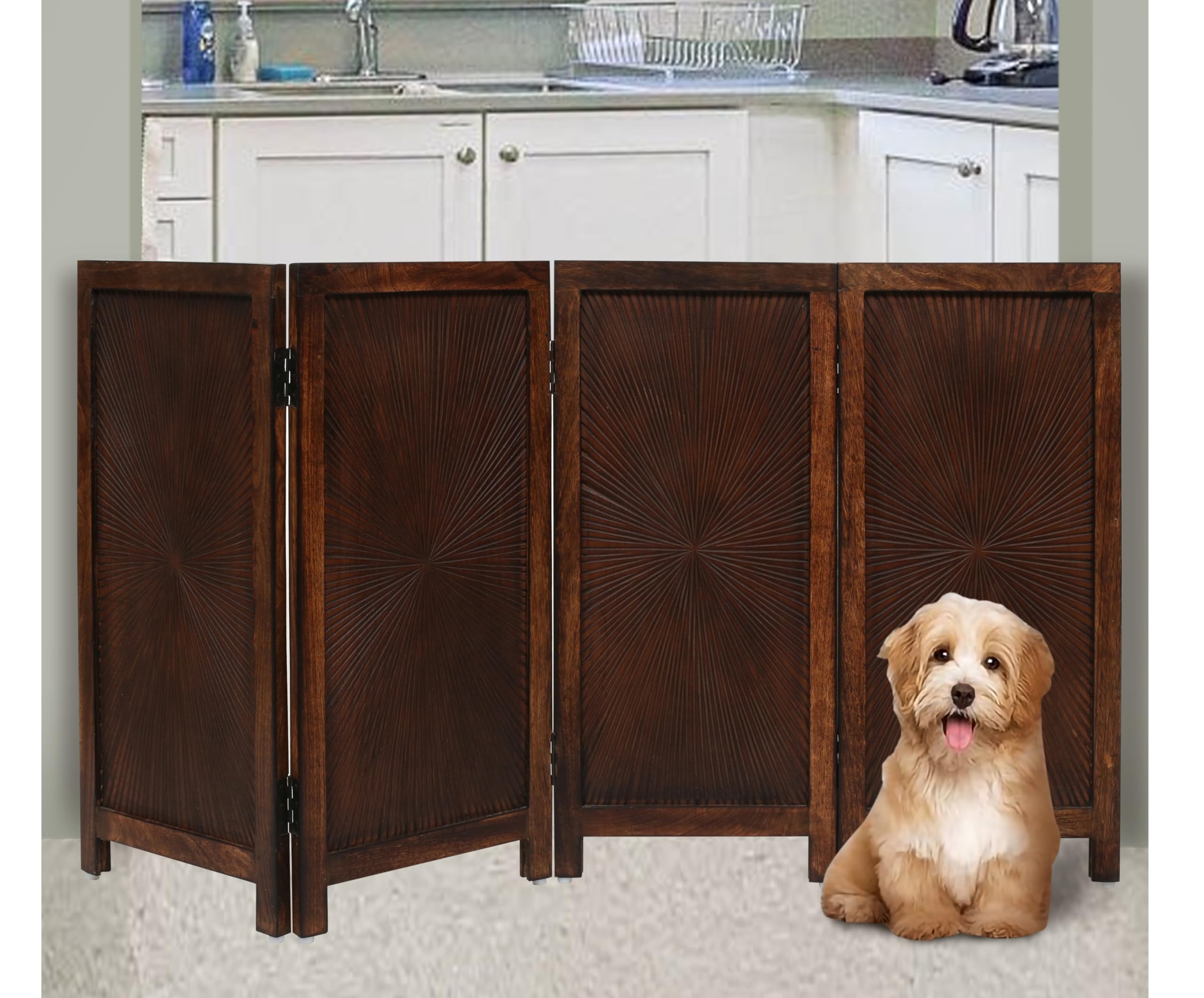 Raise Wooden Foldable Pet Dog Safety Gate - 4 Panels 56" Wx28 H- Hand Carved Solid Wood and MDF - Free Standing Portable Indoor Doorway Hall Stairs Dog Puppy Fence - Fully Assembled - Burnt