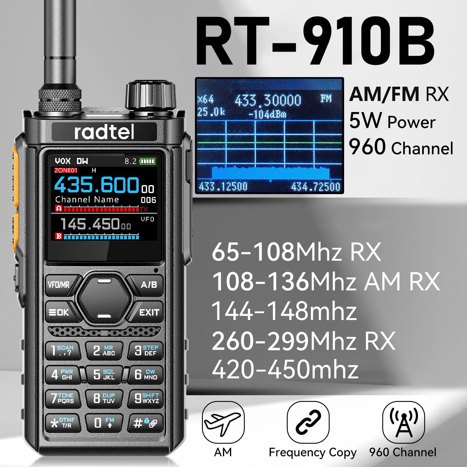 Radtel RT-910B 5W UHF VHF Dual Band Radio bidirezionale Radio amatoriale da 6 metri Walkie Talkie programmabile Bluetooth Tipo C Radio portatile VOX ricaricabile a mani libere per veicoli e esterni