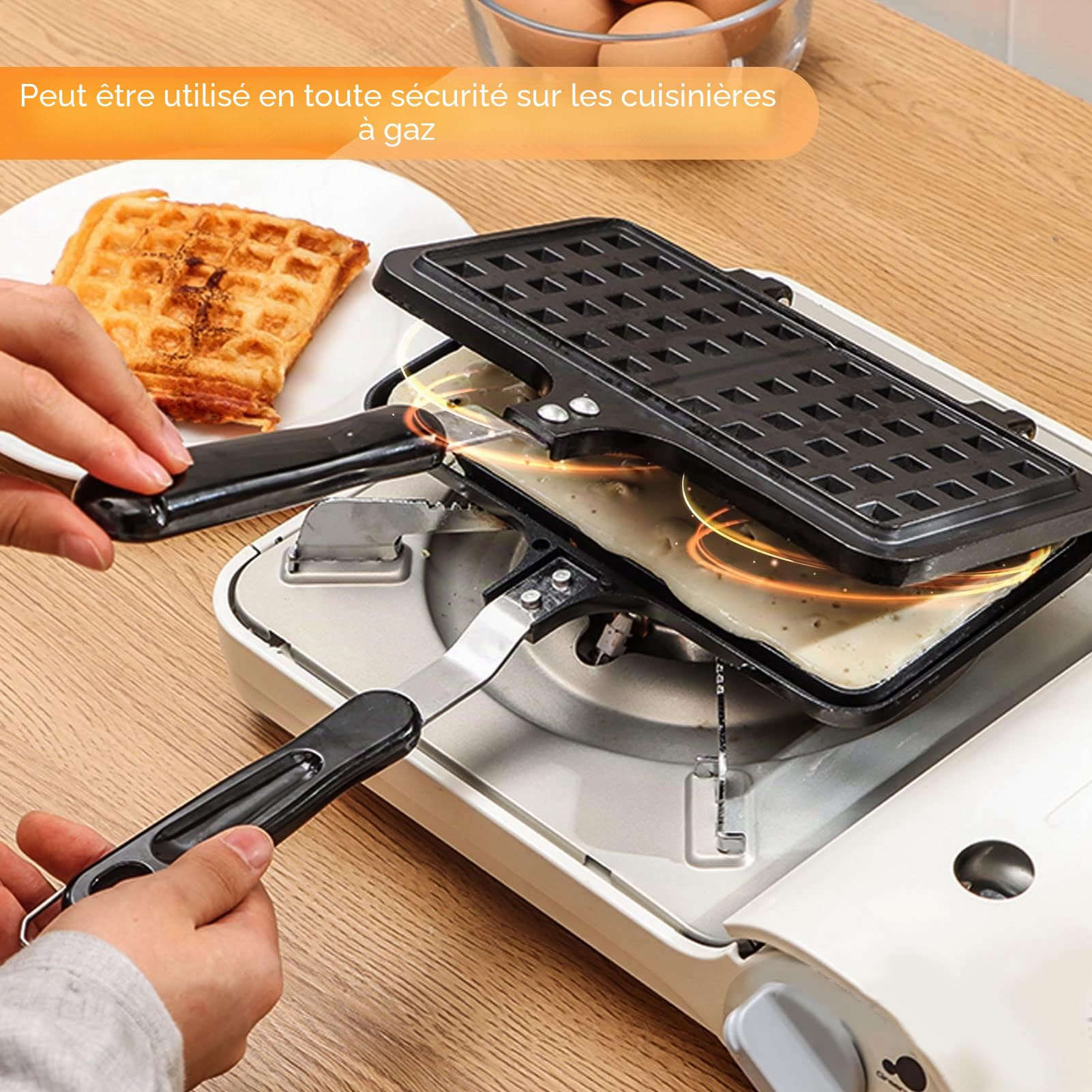Gaufrier pour cuisinière, poêle à gaufres en fonte antiadhésive Double gaufriers belges pour le camping, la cuisson du petit-déjeuner en famille