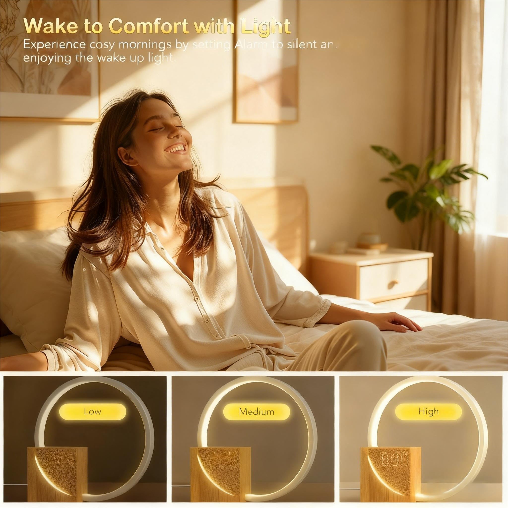 blonbar Lámpara de noche de 10 W con luz Wake Up, despertador con luz, puertos de carga USB, táctil, regulable, 10 sonidos naturales para adultos y niños, 3 niveles de brillo para dormitorio, salón,
