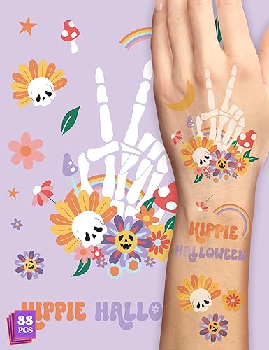HOUSE OF PARTY Tatuajes temporales de Halloween para niños, paquete de 88, tatuajes temporales hippie - Calcomanías impermeables no tóxicas para
