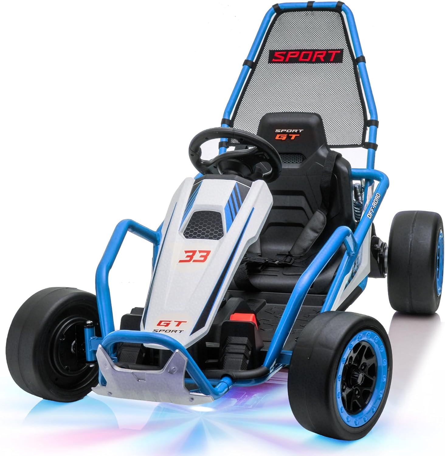 24V 8.5 MPH Electric Go Kart for Kids, 400W Powerful Drift Kart w/Front EVA Wheel & Metal Frame, Ride on Toy w/Music & Lights, Suspension, 2 Speed, 5 Point Harness, Crazy Cart for Ages 6+, Blue