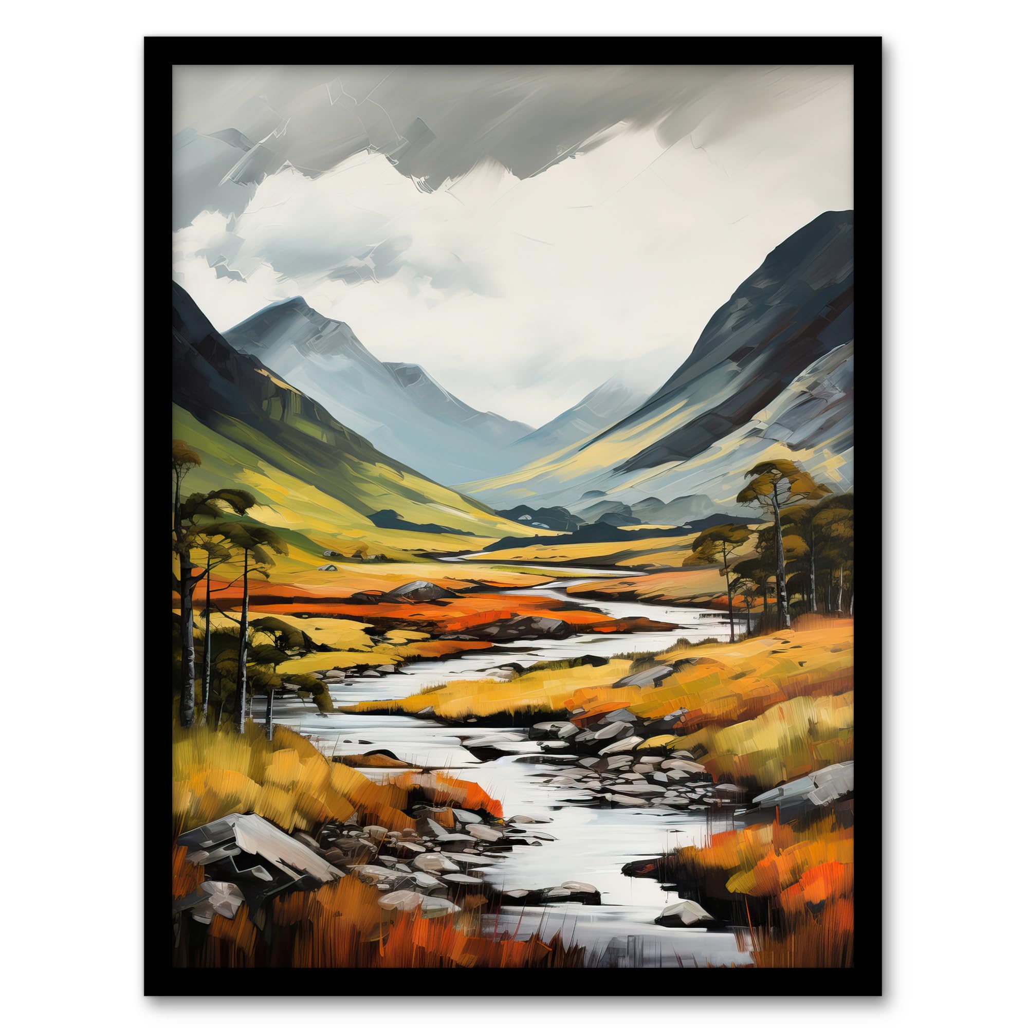 Glencoe Valley Oil Painting Print - Scotland Majestic Mountain Range and River Coe Art - Artery8 Framed Wall Art W12 x H16 inch