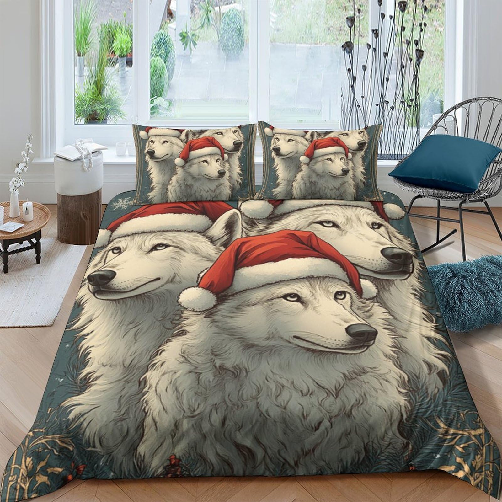 Ctjqhvkz Style-6 3D Printed Christmas Wolf Fitted Sheet Microfiber Soft Breathable Santa Hat Bed Cover For Bedroom Dorm Decor Protection Single（135X200cm）