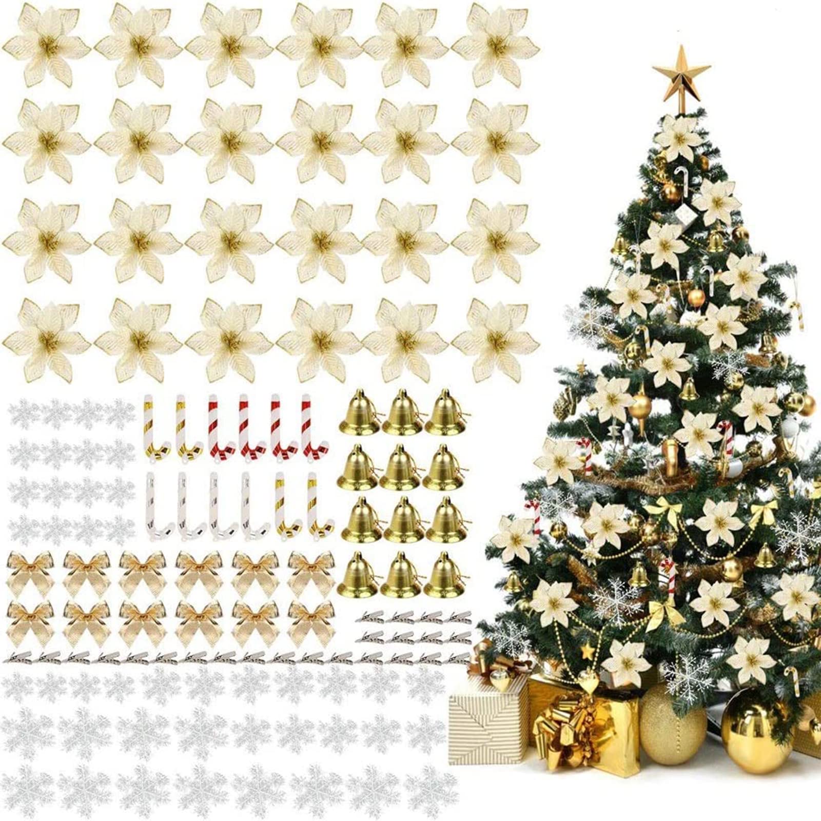 120PCS Christmas Tree Decorations, Christmas Flowers Glitter , Poinsettia Red with Clips and Steams for Christmas Tree Ornaments Home Party Christmas Decor, Artificial Flowers for Xmas Tree (Gold)