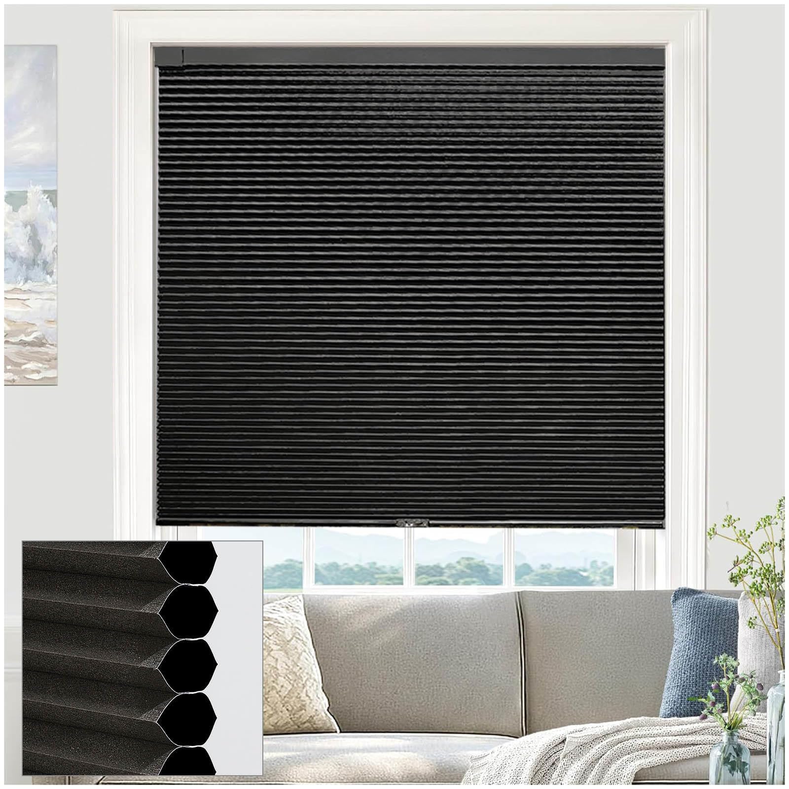 Cellular Pleated Blinds for Indoor Windows, No Drill Blackout Honeycomb Shades, No Tools Cordless Cellular Shades, Honeycomb Blinds in Widths 45-150cm,black-145x120cm/57 * 47.2in