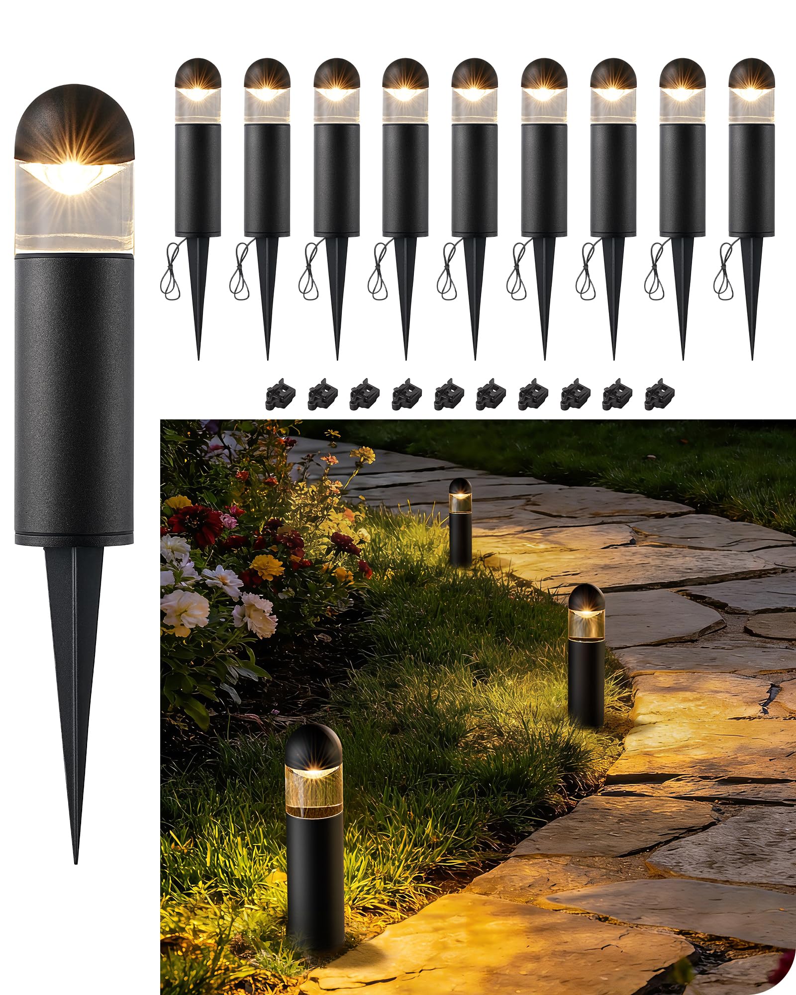 Photo 1 of EDISHINE Low Voltage Landscape Lighting, 12V 3W 3000K Landscape Pathway Lights, Glass Aluminum Outdoor Pathway Lights Wired, Waterproof for Garden Yard Driveway, 50,000Hrs, CRI 80, Black, 10 Pack