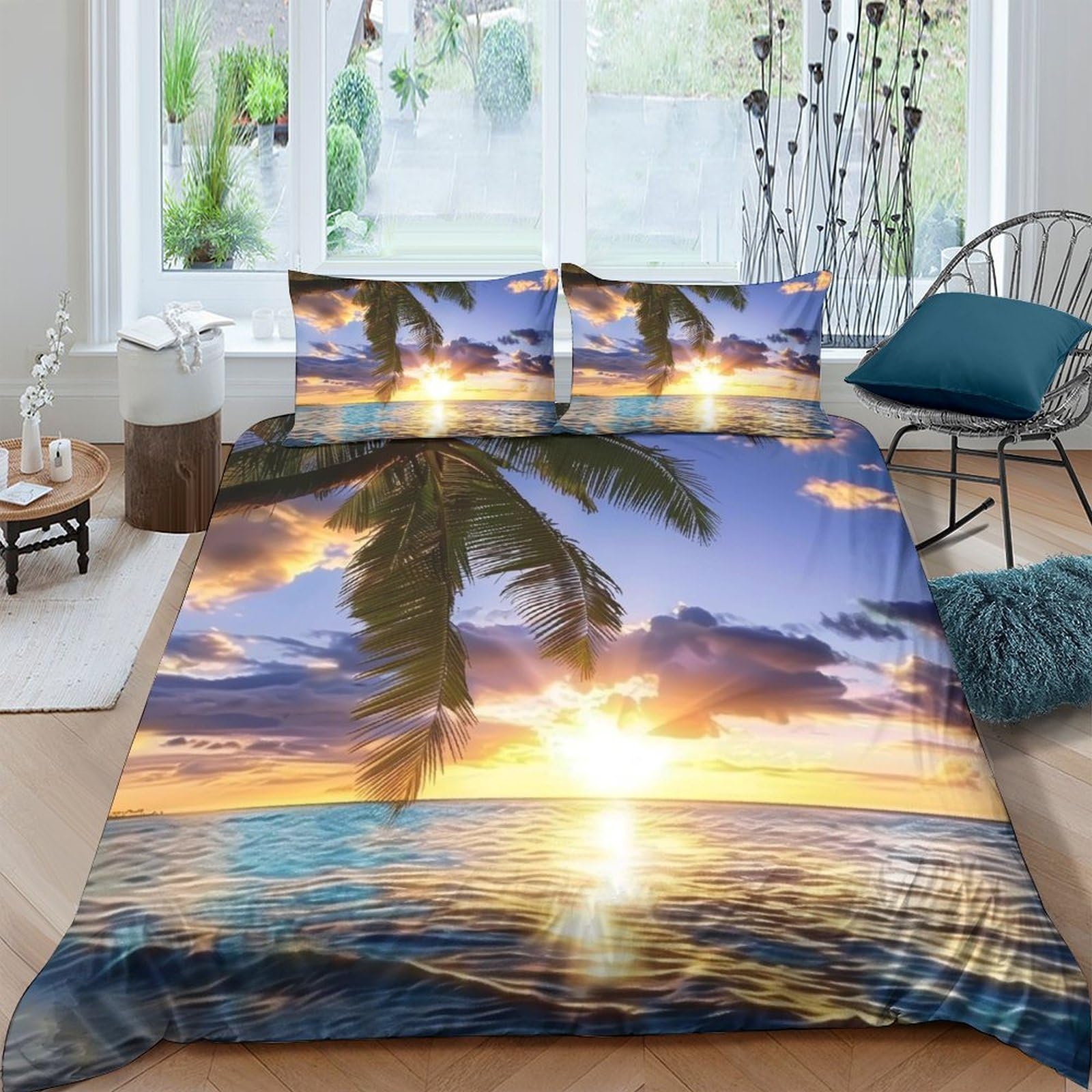 Ctjqhvkz Style-6 3D Printed Tropical Sunset Fitted Sheet Microfiber Soft Breathable Palm Beach Mattress Cover For Bedroom Guest Room Decor Single（135X200cm）