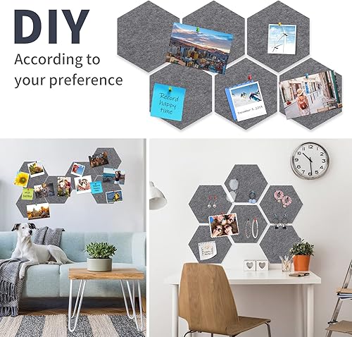 Miniatura 6 de Tikea Tablones de anuncios de fieltro hexagonal, paquete de 6 tableros de notas autoadhesivos, para decoración de pared en el hogar, oficina, aula,