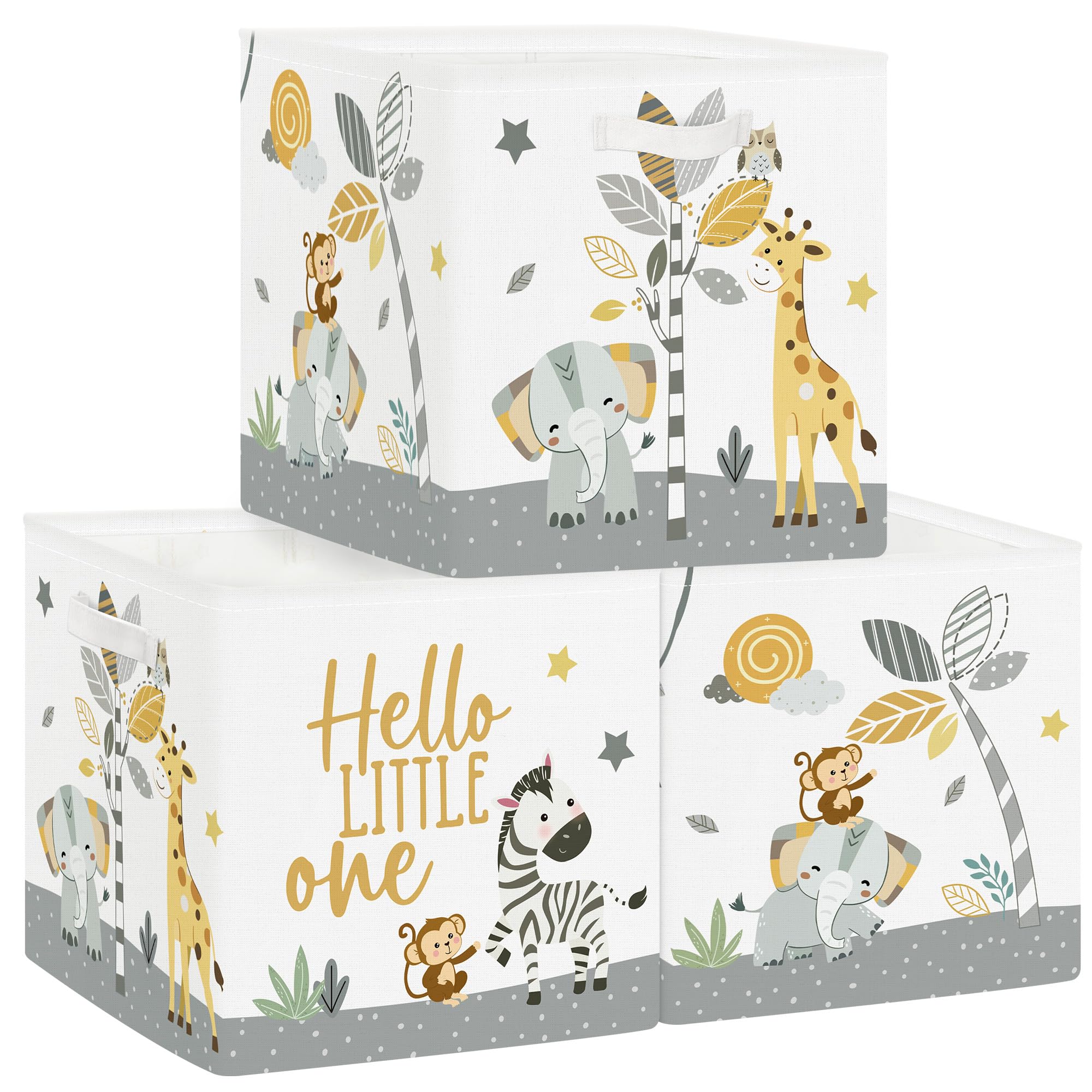 HUUMONSS 11.8" Tropical Animals Storage Cube Organizer Set 3Pcs Clothes Storage Basket Bin for Closet Shelf Elephant Giraffe Zebra Nursery Kid Room Book Toy Chest